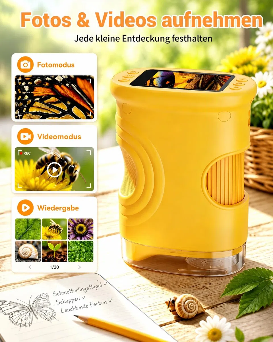 Mikroskop für Kinder, 1080P HD 2.0" Bildschirm Taschenmikroskop, Ashfly Handy Digital Microscope LED Lights -Anschluss an PC, Mini-Mikroskop draussen Geschenke für 4-12 Jährige Orange