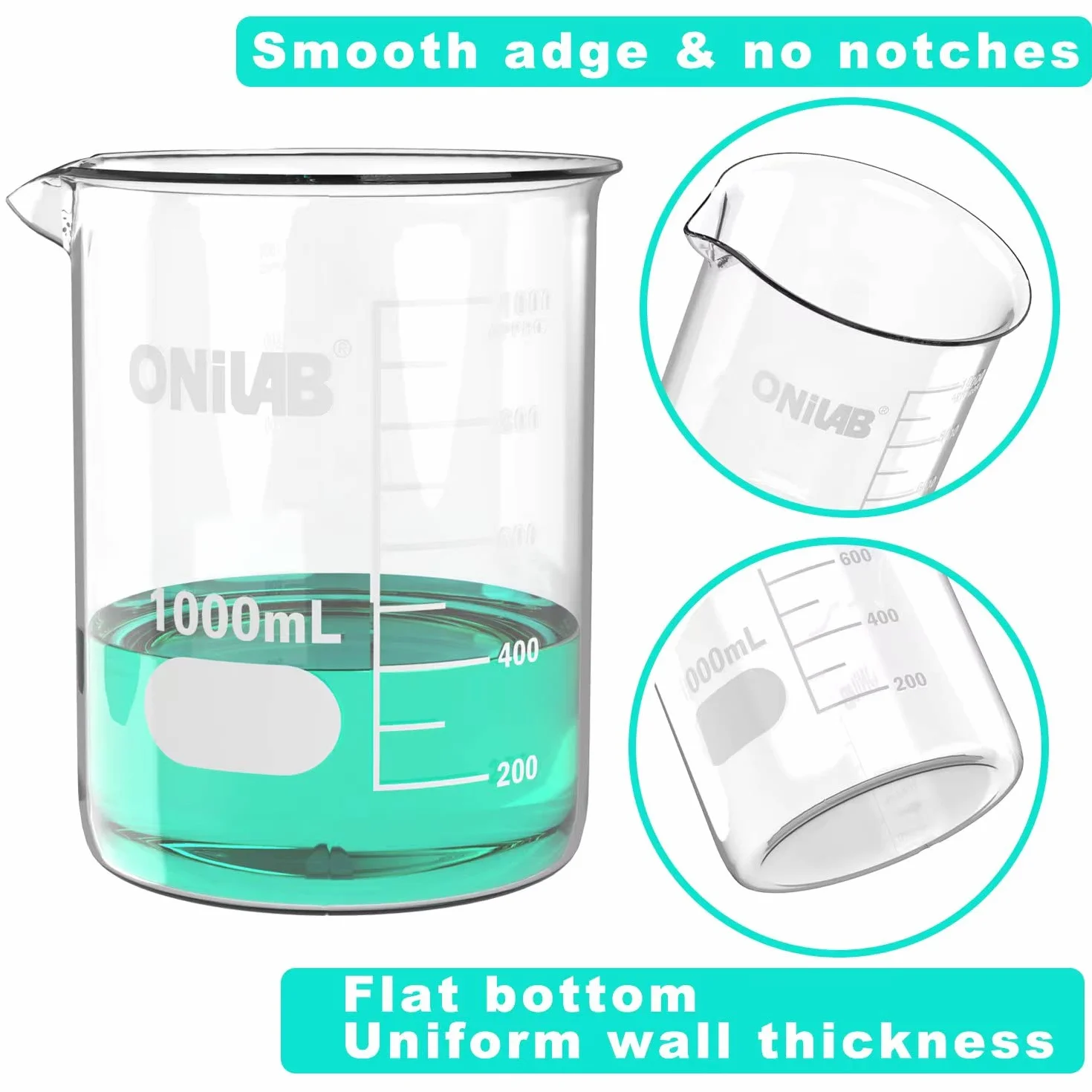 ONiLAB Glasmessbecher-Set 50 ml 100 ml 250 ml 500 ml 1000 ml (5er-Pack) 3.3 Boro Griffin Low Form mit bedruckter Graduierung Wissenschaftliche Glaswaren für Labore, Klassenzimmer oder den Heimgebrauch