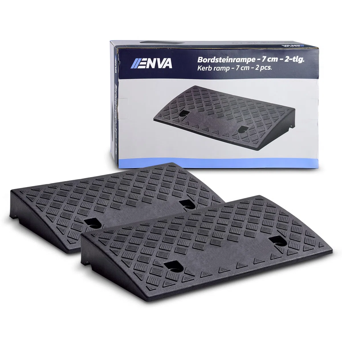 ENVA Bordsteinrampe 2TLG. Auffahrrampe 7 cm Höhe 3000 kg Rampe für Auto, Motorrad, Rollstuhl und Kinderwagen rutschfeste Bordsteinkantenrampe witterungsbeständige Kunststofframpe 50 x 27 cm