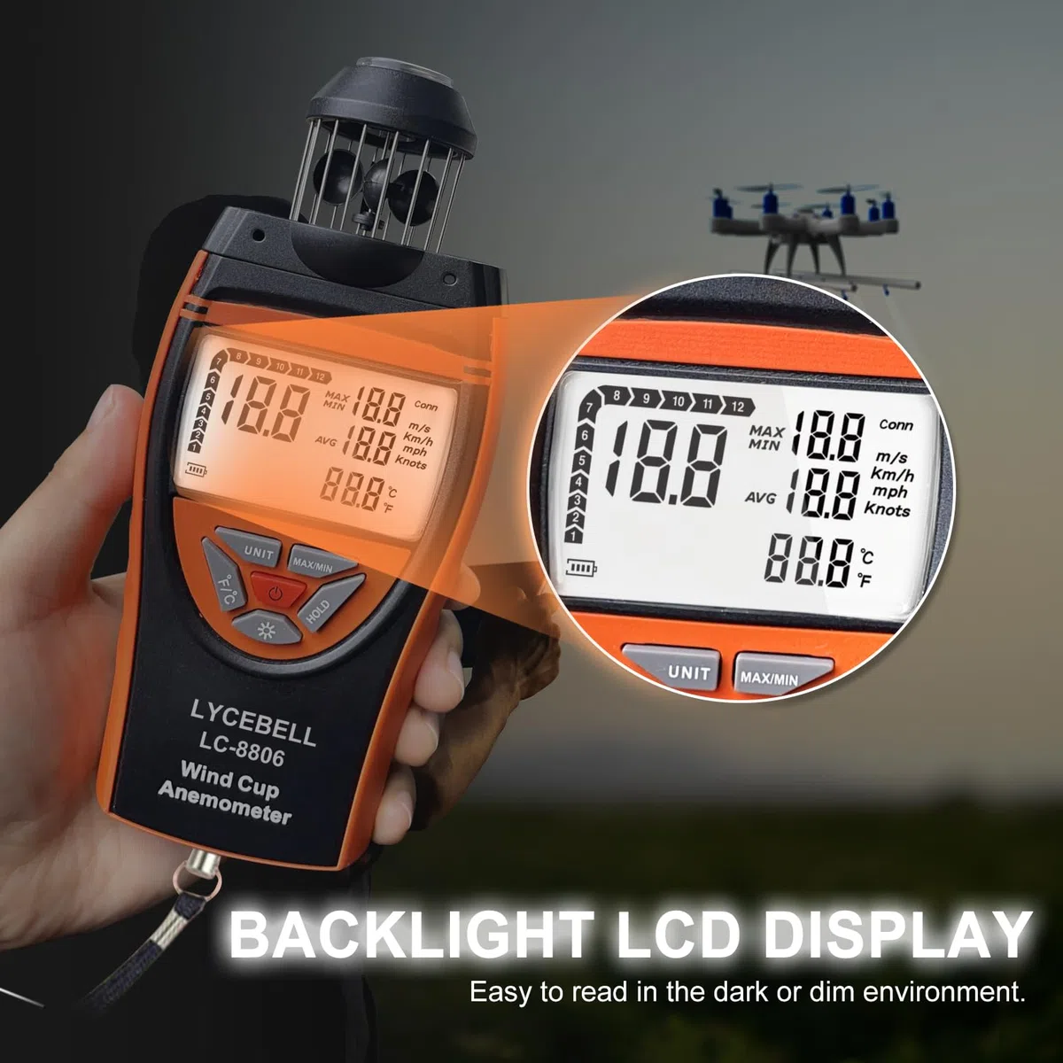 8806 Wind Cup Anemometer – Präzises Windmesser Windmessgerät mit Temperaturmessung für Industrie, Outdoor & HVAC | Windgeschwindigkeit 0,7-42 m/s, Hintergrundbeleuchtung, Stativgewinde