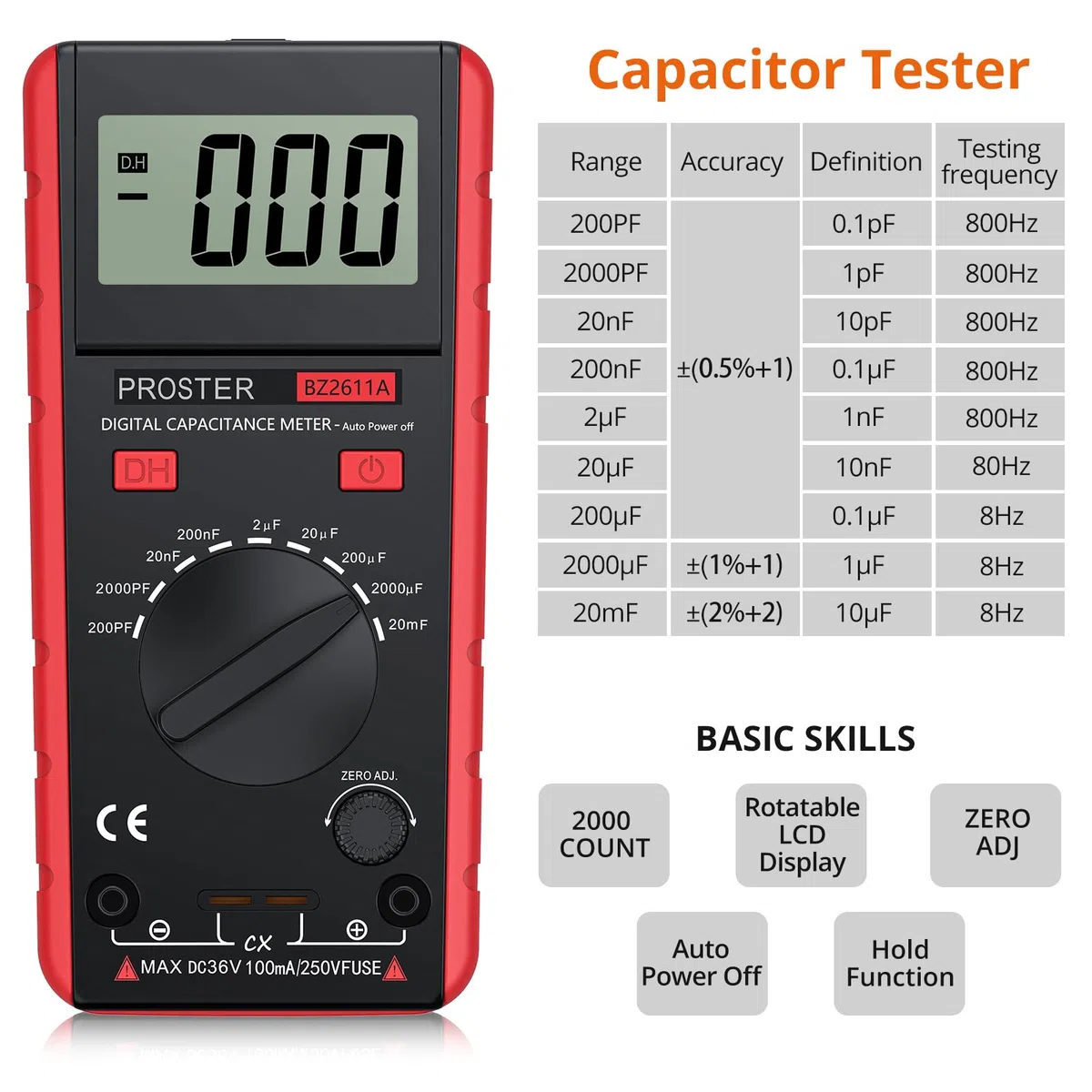 Proster Digitales Kapazitätsmessgerät 200pF-20mF Messgerät Kondensator Handmultimeter Tester für Anfänger mit drehbarer LCD-Anzeige