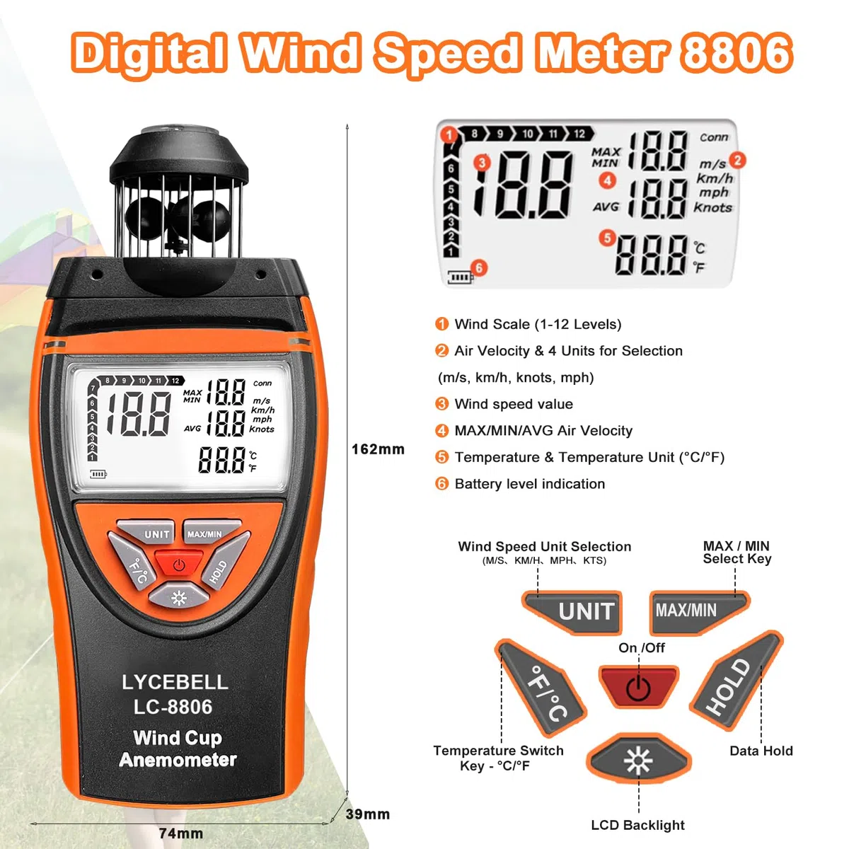 8806 Wind Cup Anemometer – Präzises Windmesser Windmessgerät mit Temperaturmessung für Industrie, Outdoor & HVAC | Windgeschwindigkeit 0,7-42 m/s, Hintergrundbeleuchtung, Stativgewinde