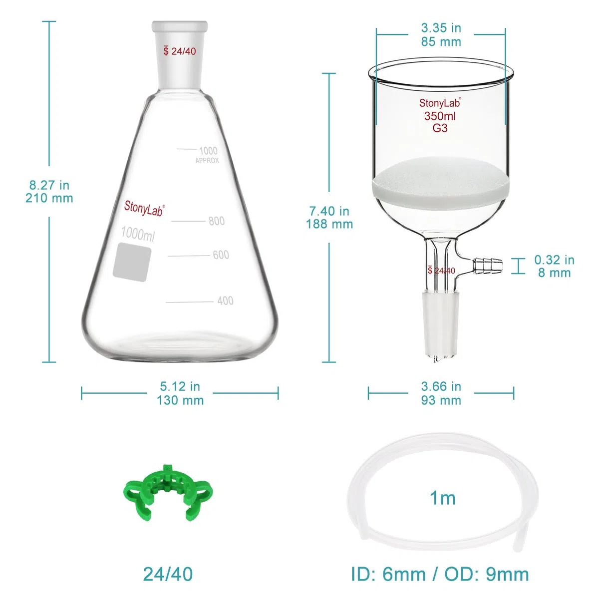 stonylab Buchner Trichter & Flasche Set, 350 ml Trichter aus Glas mit 1L Erlenmeyerkolben und Silikon Schläuche für den Einsatz im Labor