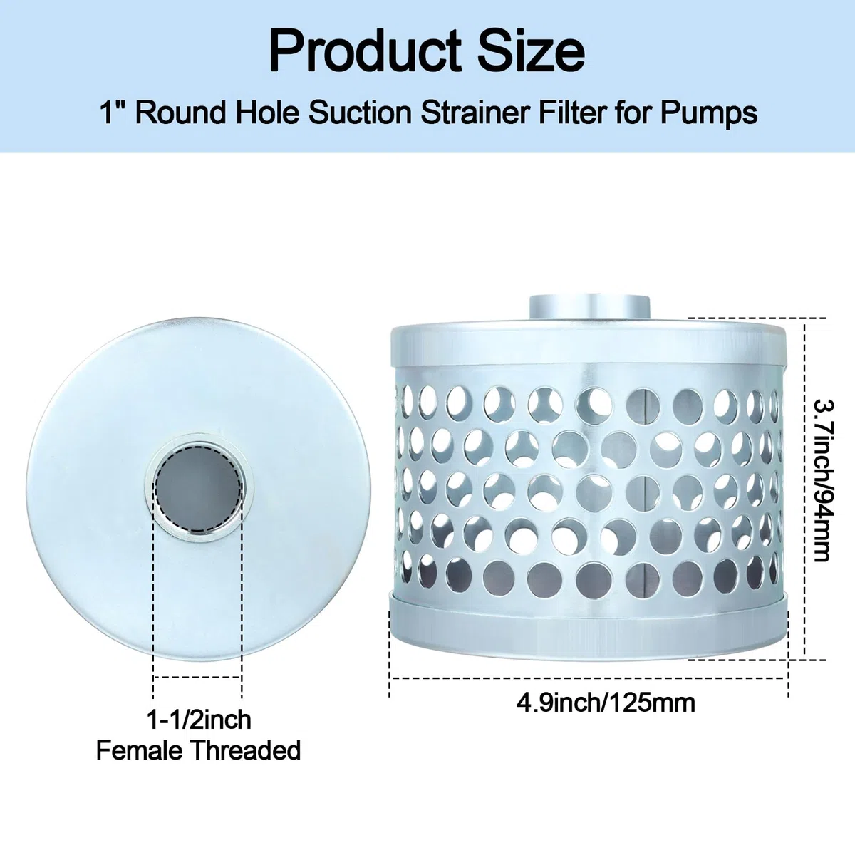 Rundes Loch Saugsiebfilter für Pumpen, kohlenstoffbeschichteter Stahlkorb Wassersaugfilter, mit NPT-Innengewinde, reduziert Feststoffe in die Pumpe (2,5 cm)