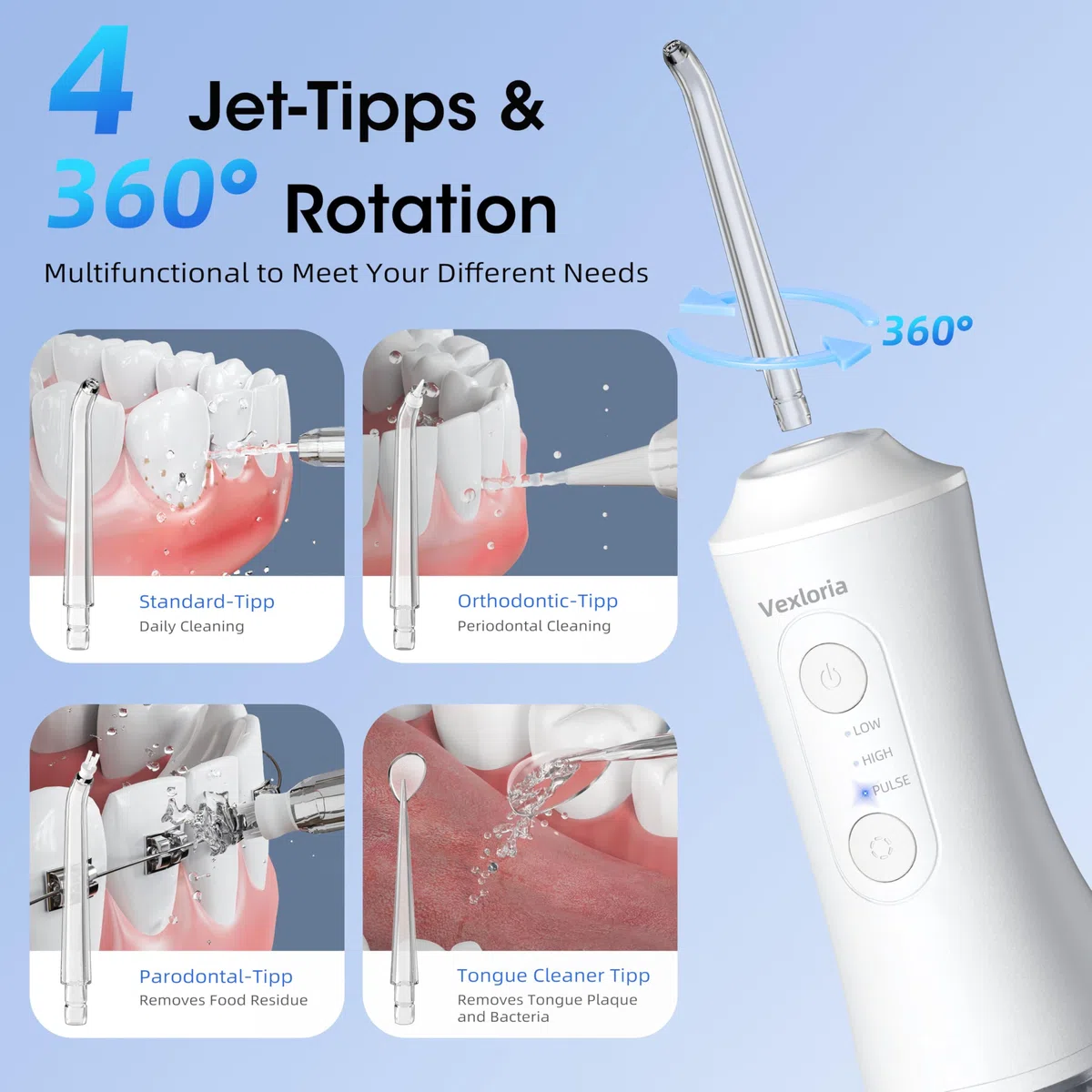Vexloria Munddusche Kabellos, Elektrische Zahnreiniger Tragbar IPX7 Water Flosser 3 Modi & 4 Düsen, 300ML Zahndusche Oral Munddusche Testsieger für Entfernt Speisereste und Reinigt Die Zähne (Weiß)