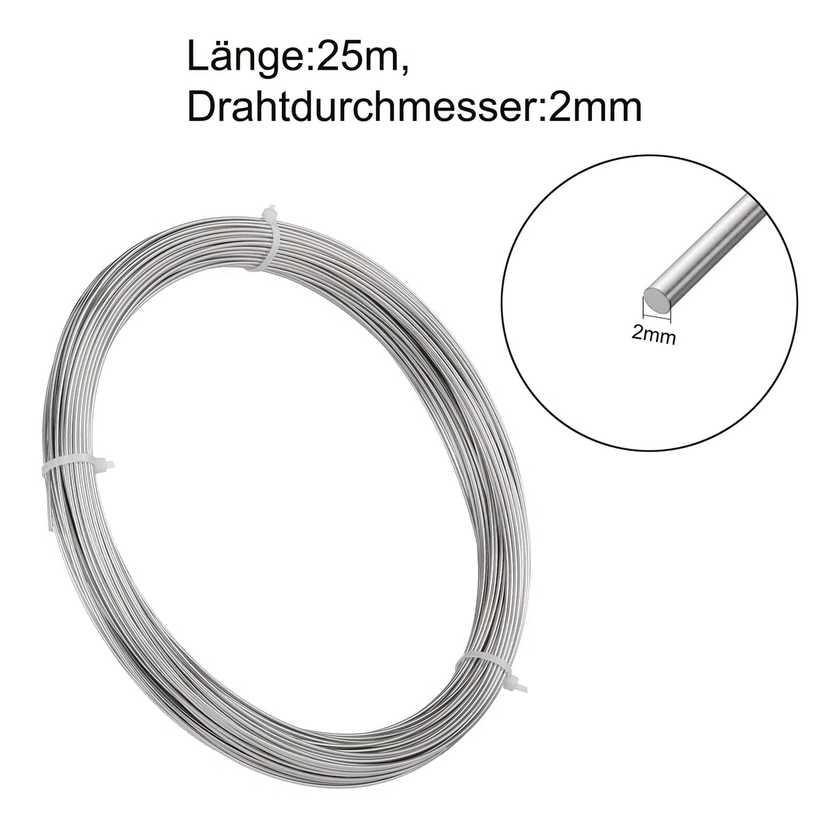 304 Edelstahldraht 25 Meter, Ø 2 mm Silber Basteldraht, Harter Draht, Gerader Draht, Modellierdraht Rostfrei Edelstahl für DIY-Bastelarbeiten Gartenverkabelung