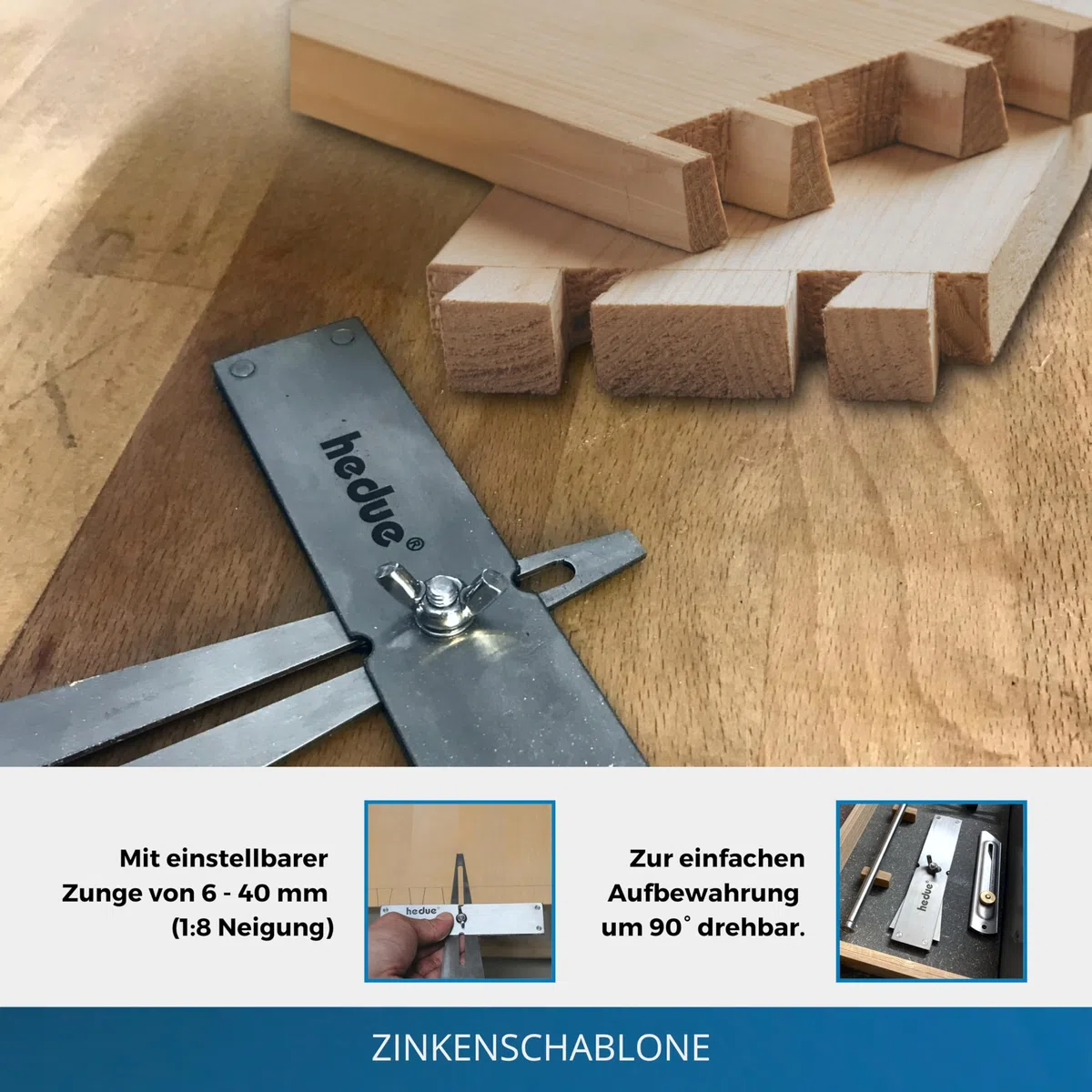 Zinkenschablone S200 - Schmiege für Schwalbenschwanz - und Zinkenverbindungen, Schwalbenschwanz Schablone mit einstellbarer Zunge von 6-40 mm (1:8 Neigung)