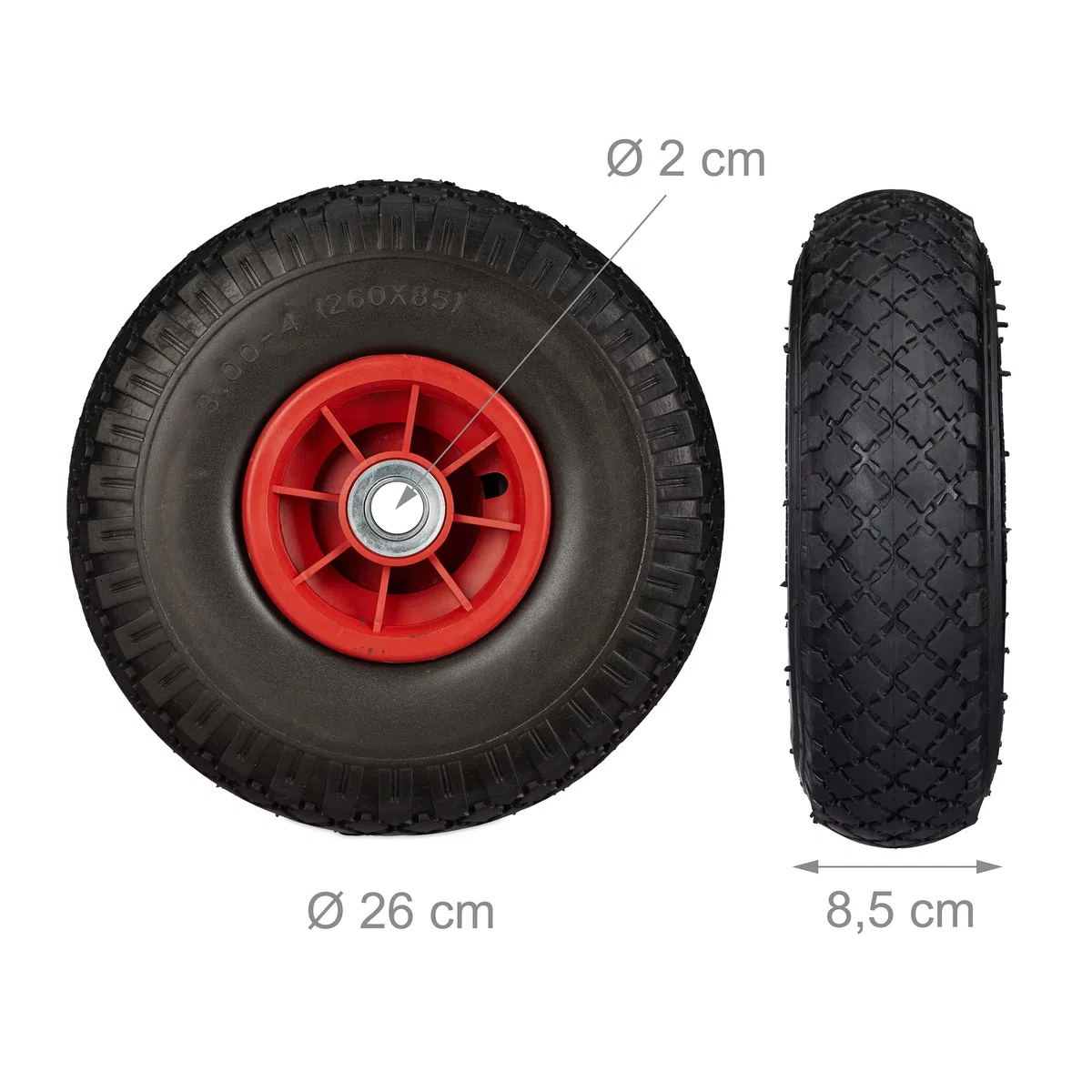 Relaxdays 2x Sackkarrenrad, pannensichere Vollgummireifen, 3.00-4 Zoll, 20 mm Achse, bis 80 kg, 260 x 85 mm, schwarz-rot
