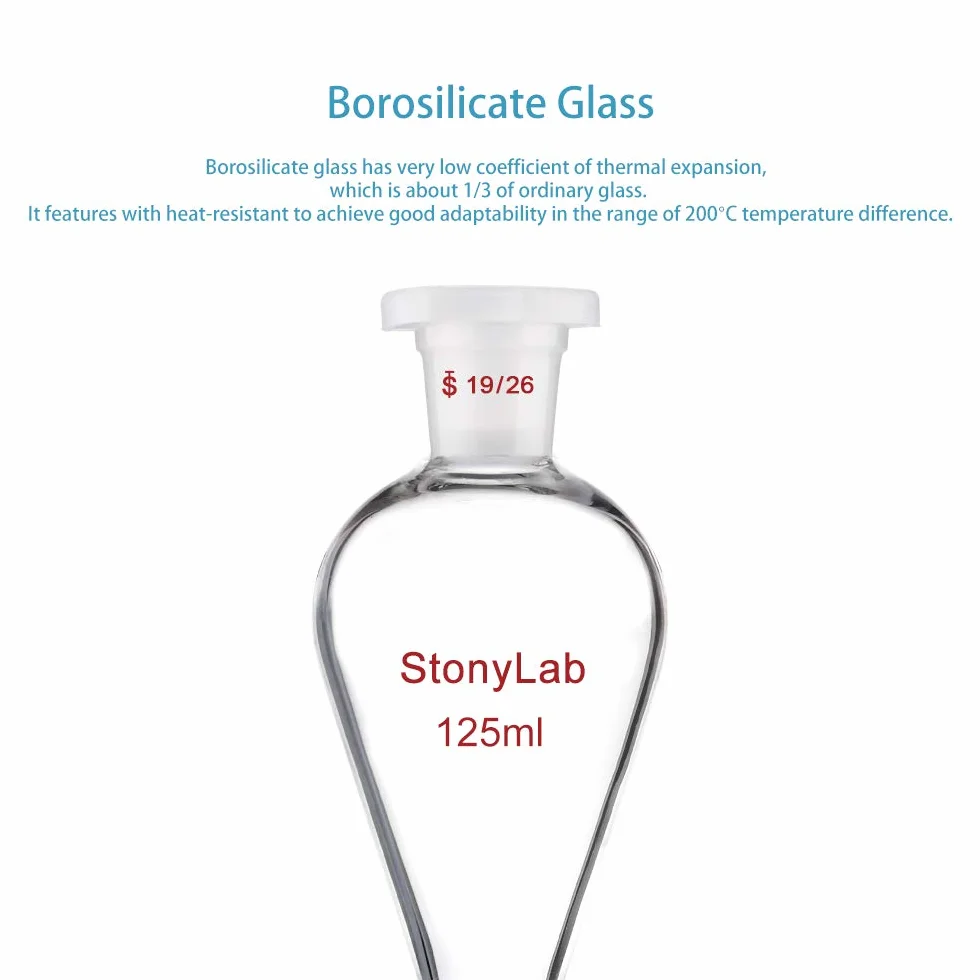 stonylab Scheidetrichter Glas, Borosilikatglas 125 ml Scheidetrichter Heavy Wall Conical Separatory Funnel Trichter mit Glas Absperrhahn 19/26 Gelenk und PTFE-Absperrhahn, 125 ml