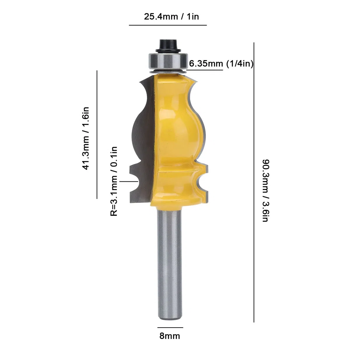 8mm Shank Handrail Router Bit, 8mm Shank Handrail Milling Cutter, Carbon Steel Alloy Cutter Yellow Coating Head Line Molding (Fishtail armrest milling cutter)