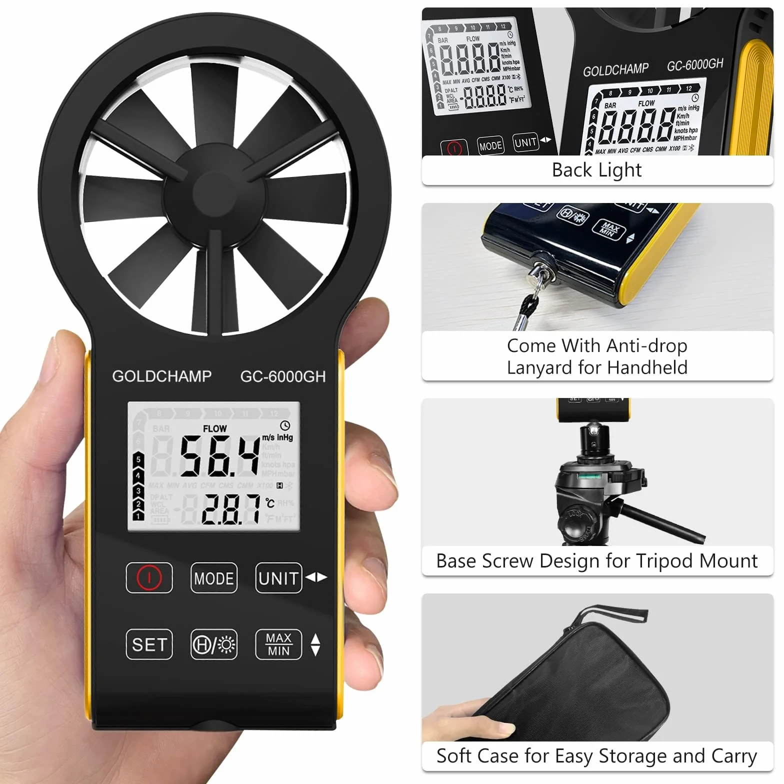 Digitales Anemometer, CFM Wiederaufladbar & Wasserdichtes Anemometer Misst Windgeschwindigkeit(0.3~30m/s), Luftvolumen(0-999900 ft3/min) Touchscreen, Hintergrundbeleuchtung Display für HVAC, Schießen