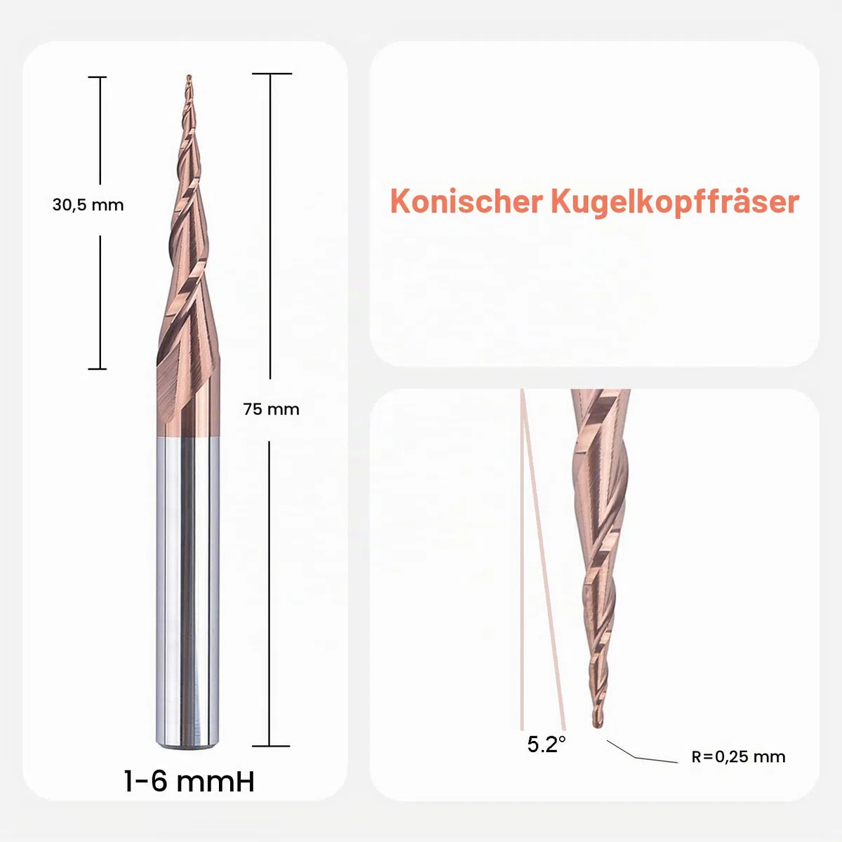 SpeTool Kugelkopffräser Konische Fräser für Oberfräse CNC 2 Flöten 0,25 mm Radius VHM Gravierfräser 6mm Schaft mit HSi Beschichtung Schaftfräser für 2D und 3D Gravur