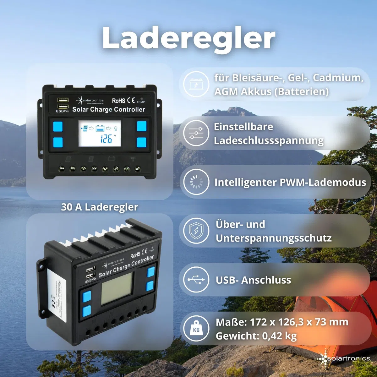 SOLARTRONICS Komplettset 3x120 Watt Solarmodul 1070x580x35, NM 1500W Wandler + 30A Laderegler + Solarkabel + 3-fach Solarstecker Photovoltaikanlange Inselanlage Wohnmobil