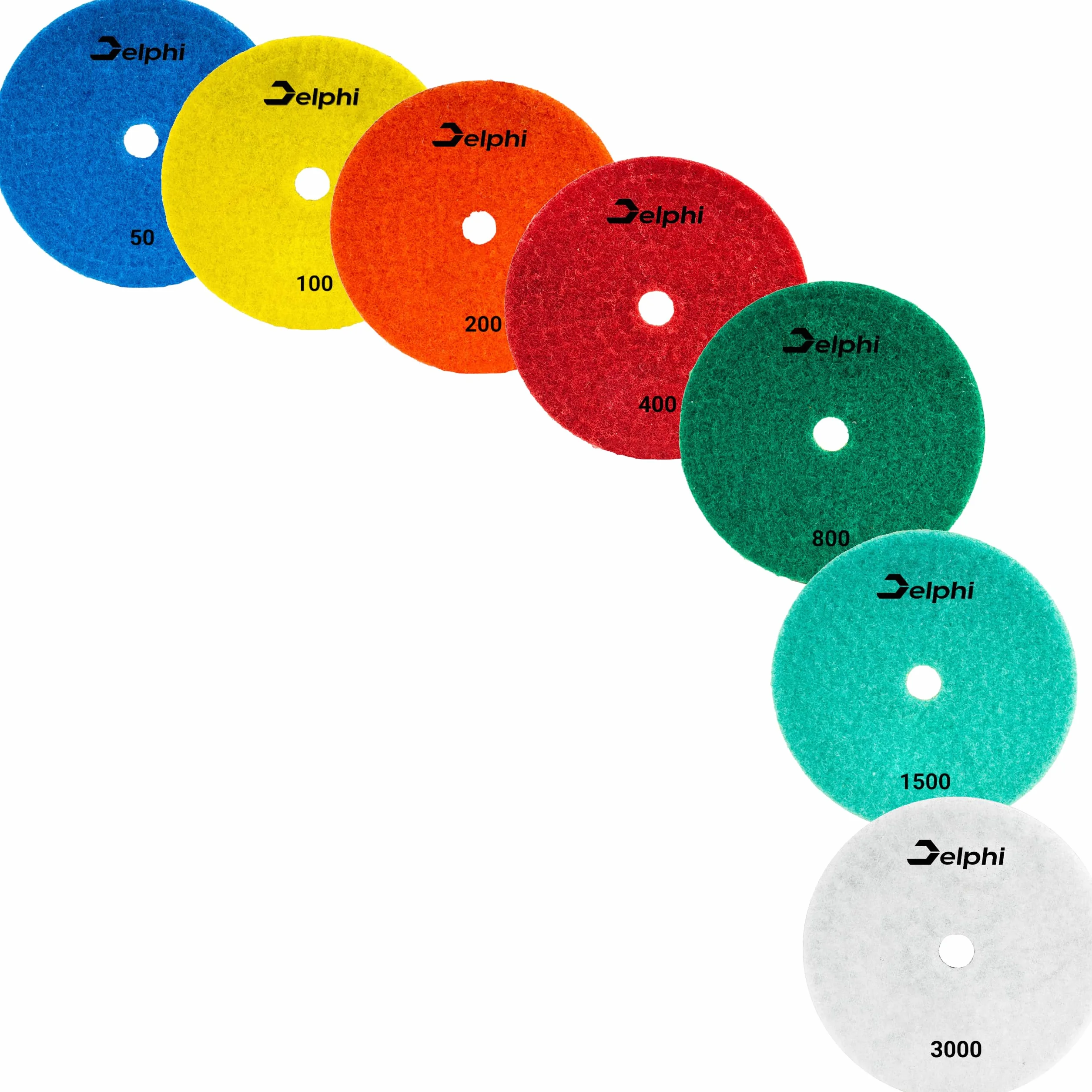DELPHI Nass Diamant Schleifscheibe Polierset 7 Stück Diamantscheiben Set 100mm zum Schleifen Polieren von Feinsteinzeug, Keramik Körnung 50-3000 mit Wollpad M12-Adapter und Schutzhandschuhe