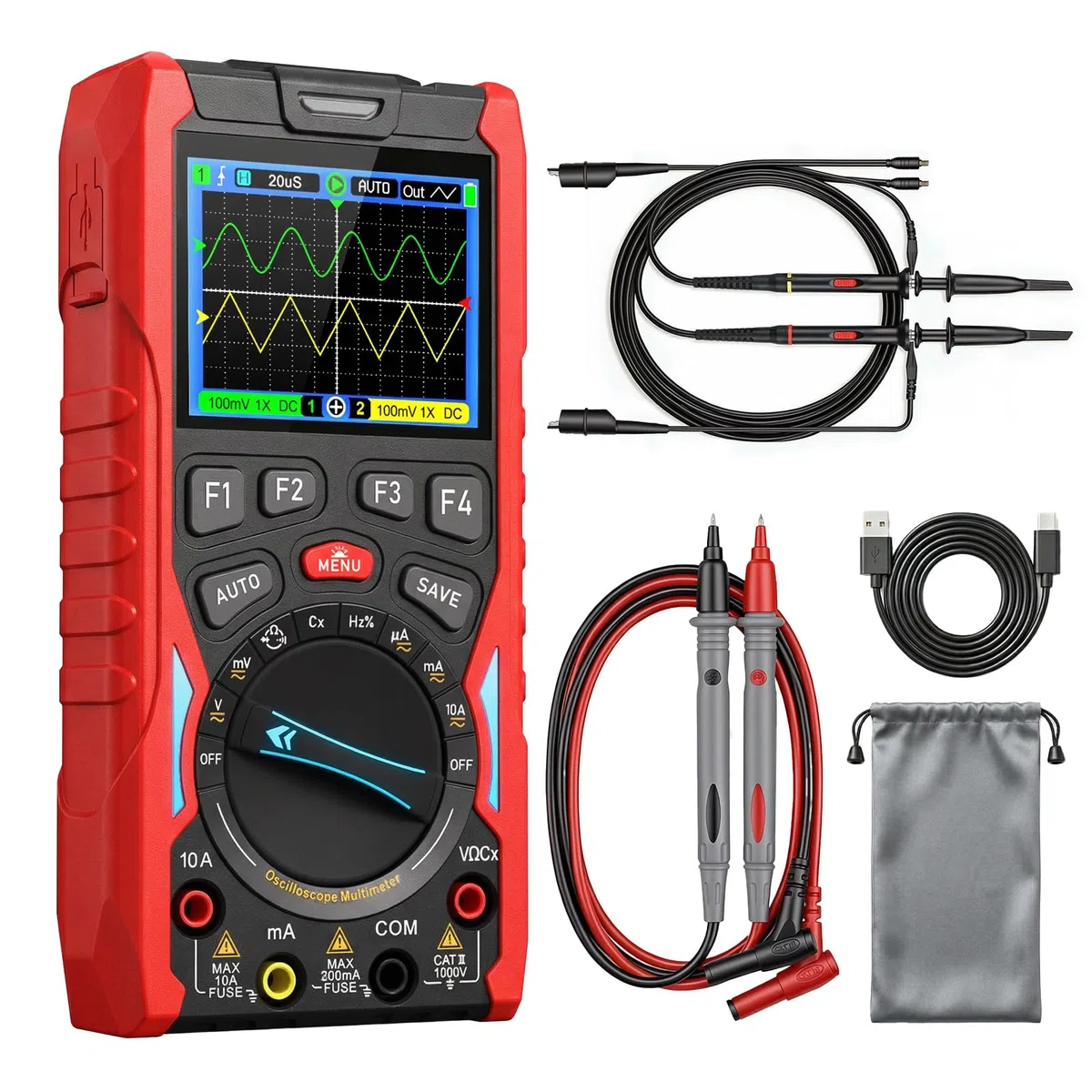 2-Kanal Handheld Oszilloskop, 70MHz Bandbreite, 3-in-1 Digitaloszilloskop Multimeter mit Signalgenerator, 200MSa/s Abtastrate, 20000 Counts, Typ-C Schnellladung, Rot