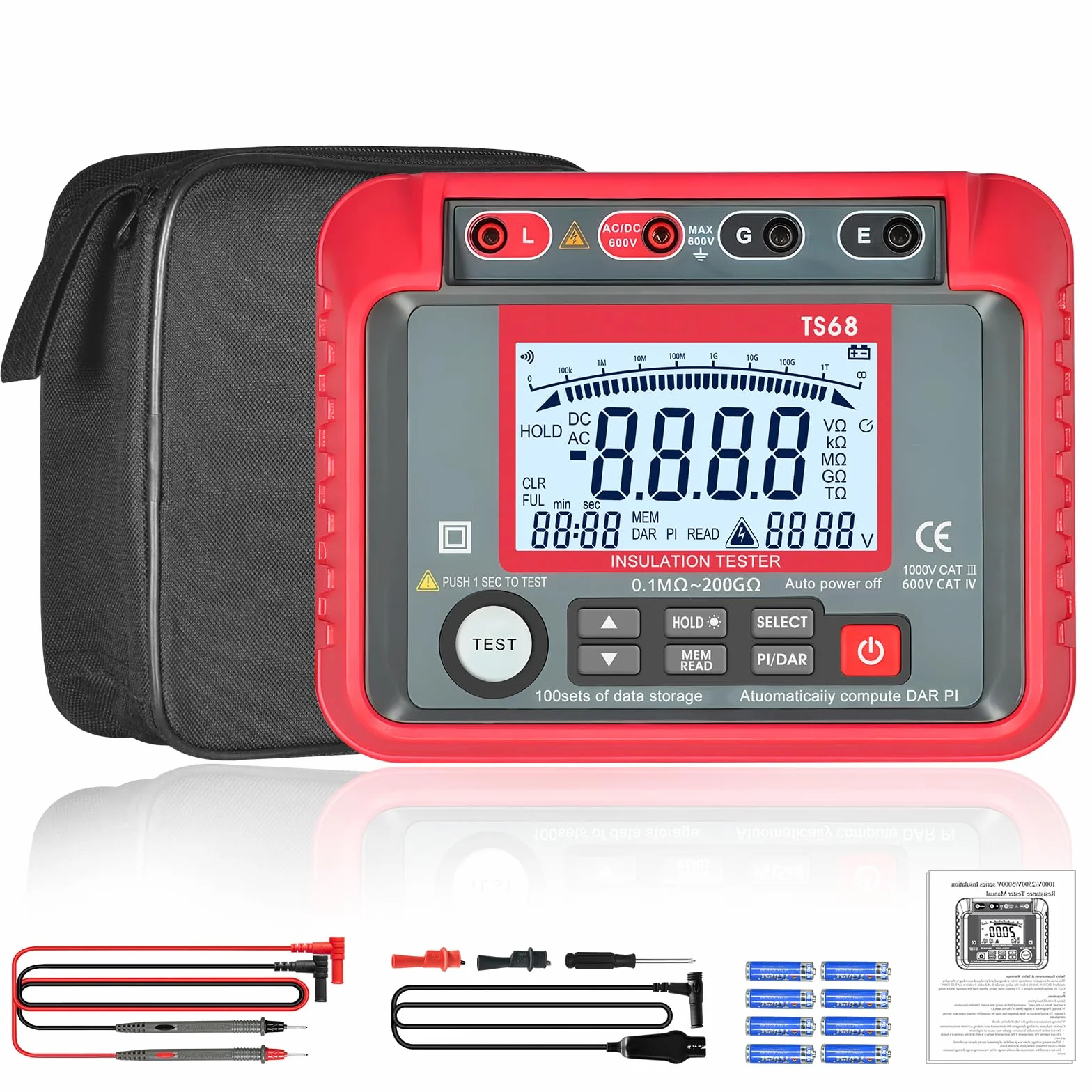 Isolationsmessgerät Megohmmeter 2500V, AIOMEST Isolationstester Messen Isolationswiderstand bis 200GΩ, 250V/500V/1000V/2000V/2500V Prüfspannung, DAR/PI Messung, Datenaufzeichnung, CAT III 1000V