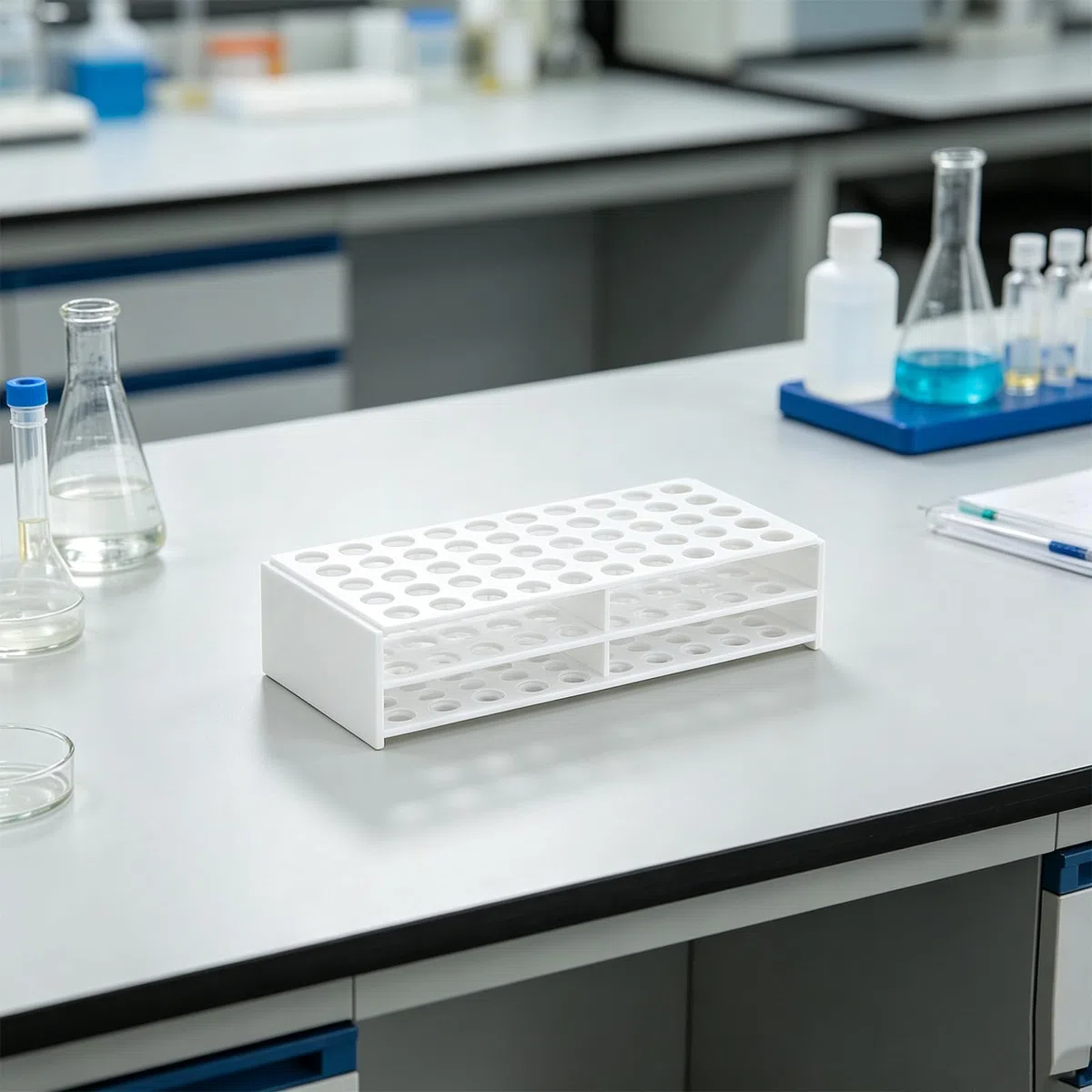 Operitacx Reagenzglashalter aus Kunststoff – Abnehmbarer Laborständer zur Aufbewahrung von Reagenzgläsern – 50 Löcher, Probenorganisator für Laborexperimente, Unterricht und wissenschaftliche