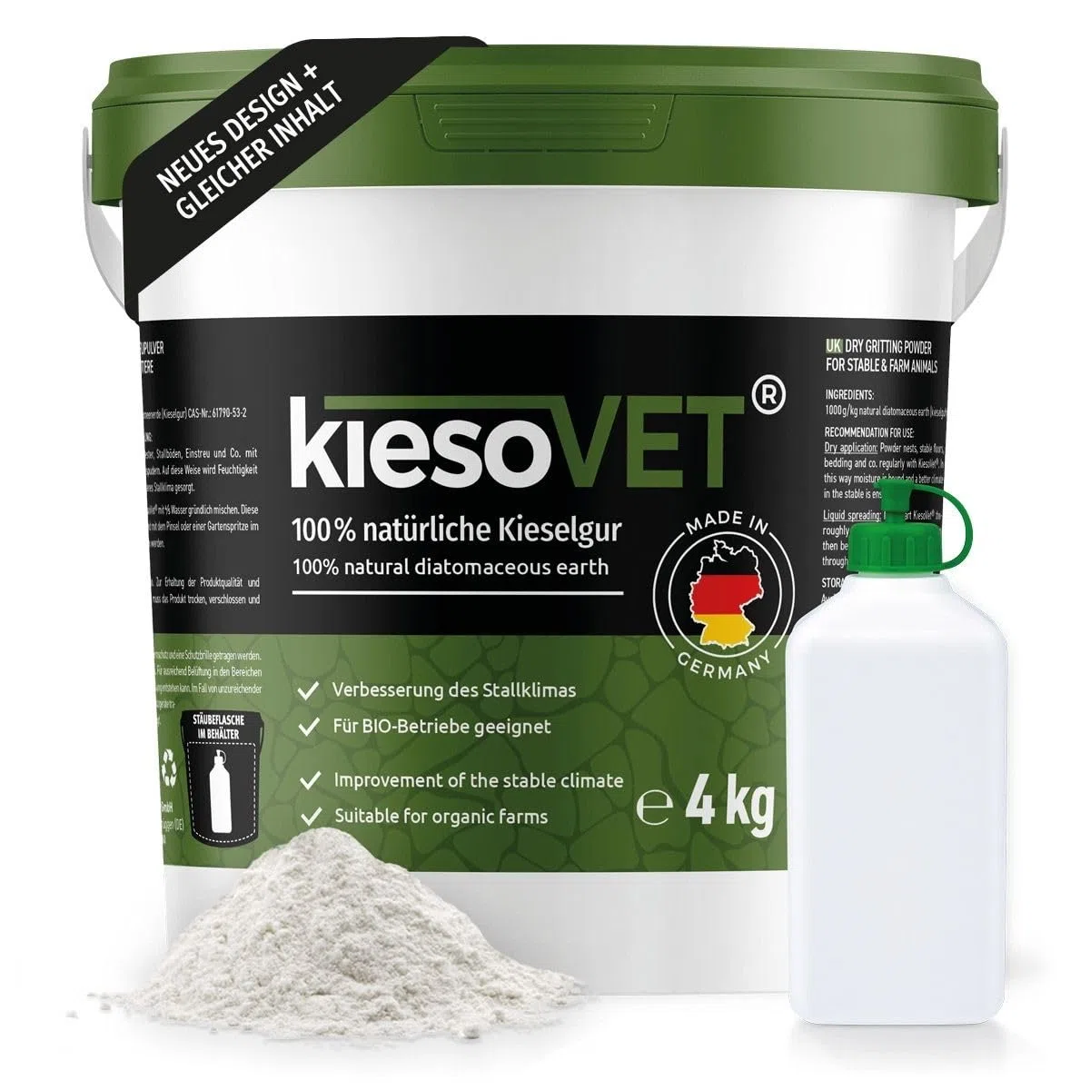 GreenPet KiesoVet Kieselgur für Hühner 4kg - gegen Milben, rote Vogelmilbe, Diatomeenerde & Kieselerde Pulver inkl. Stäubeflasche, für Hühnerstall & Geflügel Betriebe, Bio