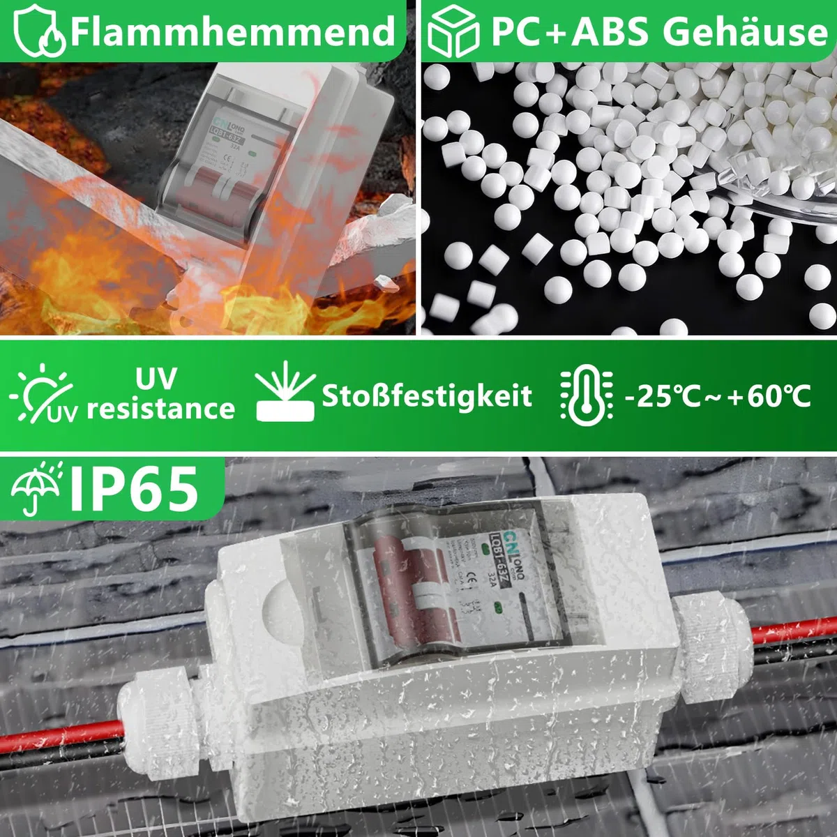DC Trennschalter PV Anlage 32A 500V Sicherungsautomat 2polig IP65 Wasserdicht mit Kabel und Haken für Solarmodule Einspeisesteckdose Balkonkraftwerk