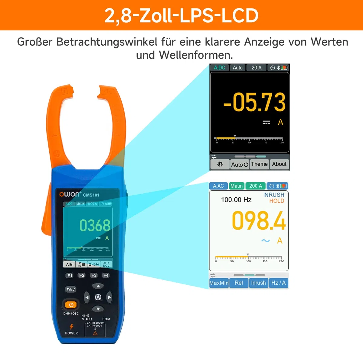 OWON CMS101 Bluetooth Stromzangenmessgerät AC/DC, Oszilloskopfunktion, Schreiberfunktion 3 in 1, 20000 Zählungen True RMS Auto-Range, Bluetooth Stromzangenmessgerät für Elektrofahrzeug