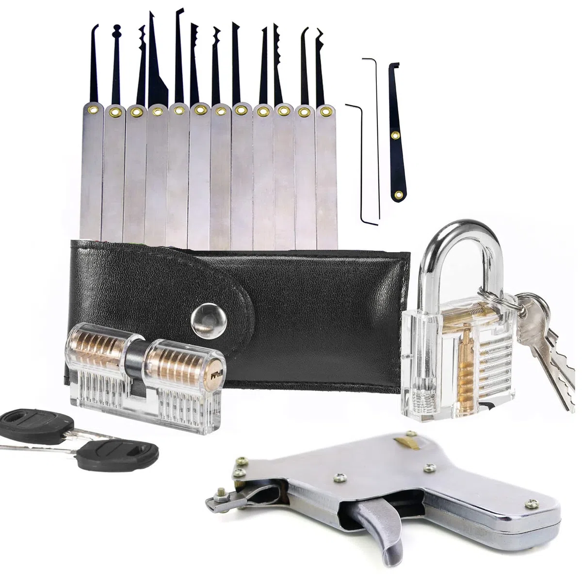 2 transparente Schlösser mit 15 Dietrich-Haken, 1 LockPick Pistole zum Öffnen, Schlosser, Anfänger, Dietrich-Trainingsset (silberfarben)