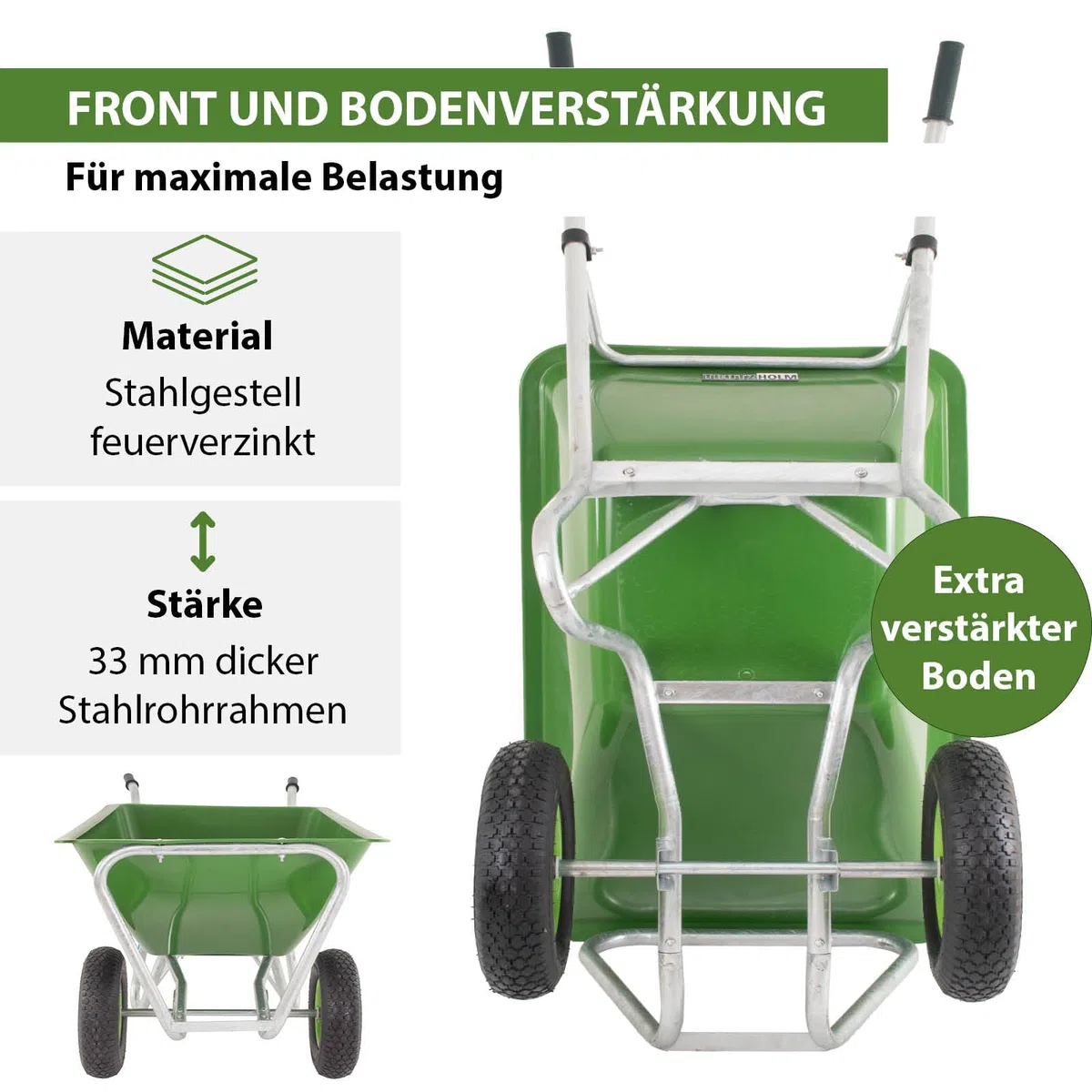 TRUTZHOLM 2-Rad Schubkarre 200 Liter 300 Kg Tragkraft Rahmen Stahl verzinkt robuste große Mulde 162x70 cm Gartenschubkarre Schiebkarre Hofkarre Futterkarre