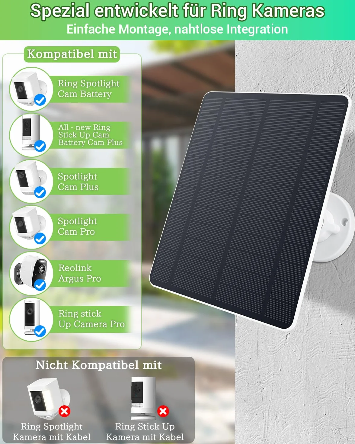 5W Solarpanel für Ring Kamera – Hochleistungs Solarmodul, IP65 Wasserdicht & Langlebig, Solar Panel für Ring Stick Up Cam/Pro Batterie,Spotlight Cam/Pro/Plus Batterie, 360° Verstellbare Halterung (2)