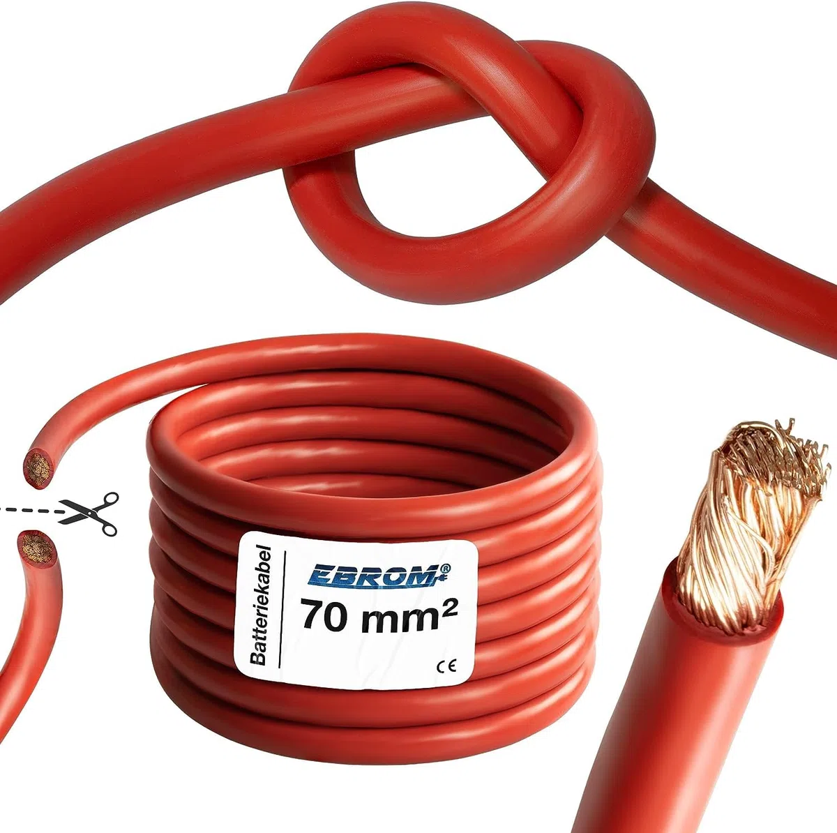 EBROM Hi-Flex Batteriekabel 70 mm² hochflexibel - ROT 70 mm2 - Meterware | Sehr biegsam - Mantel aus PVC (70 ± 5 Shore) - 99,9 % OFC Kupfer - als Pluskabel, Starterkabel, Ladekabel oder ähnliches