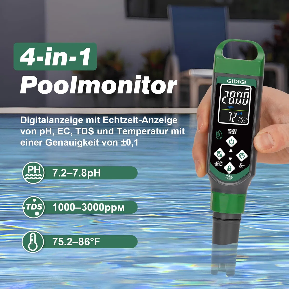 pH Messgerät für Hydrokulturen, pH Messgerät für Pool, TDS EC Messgerät mit Farbdisplay, pH Wert Wassertester Multiparameter für Aquarium, TDS Trinkwasser Tester, hohe Genauigkeit 0,01