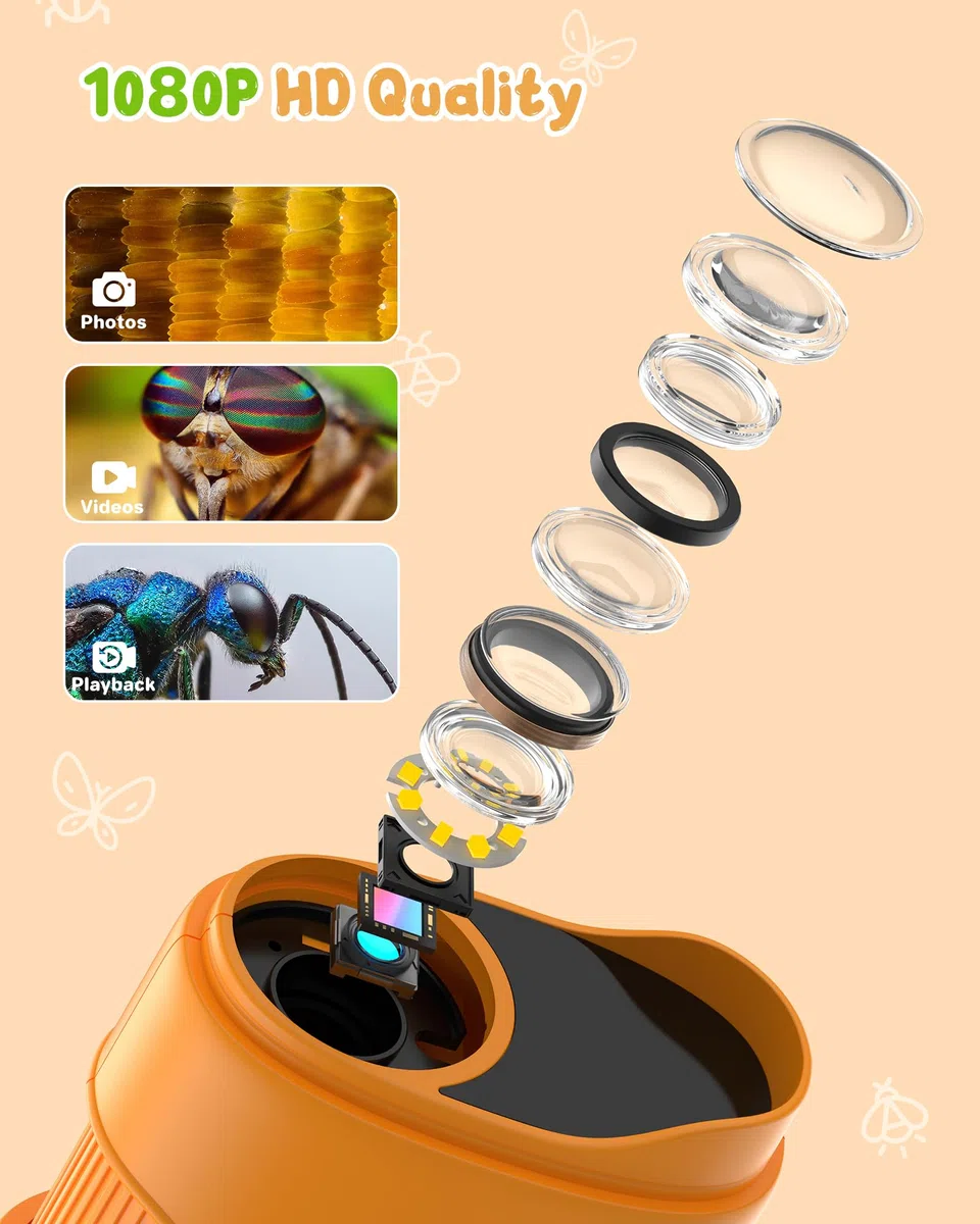 1000X Digital Mikroskop für Kinder Lupe: Handy Taschenmikroskop mit 2.0" IPS Bildschirm & 8 LED Licht - Geschenk ab 3-6 6-12 Jährige - Mini Magnifying Glass - Kids Gartenspielzeug Gelb Mint-Spielzeug