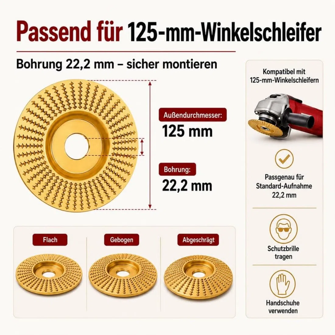 Wolframkarbid-Rad Holz 125 mm - 3 Stück Wolframcarbid Schleifer, Holzschleifscheibe für Winkelschleifer, Wolframcarbid Scheibe zum Schleifen, Schnitzen & Schneiden, Besonders Langlebig (Flach)