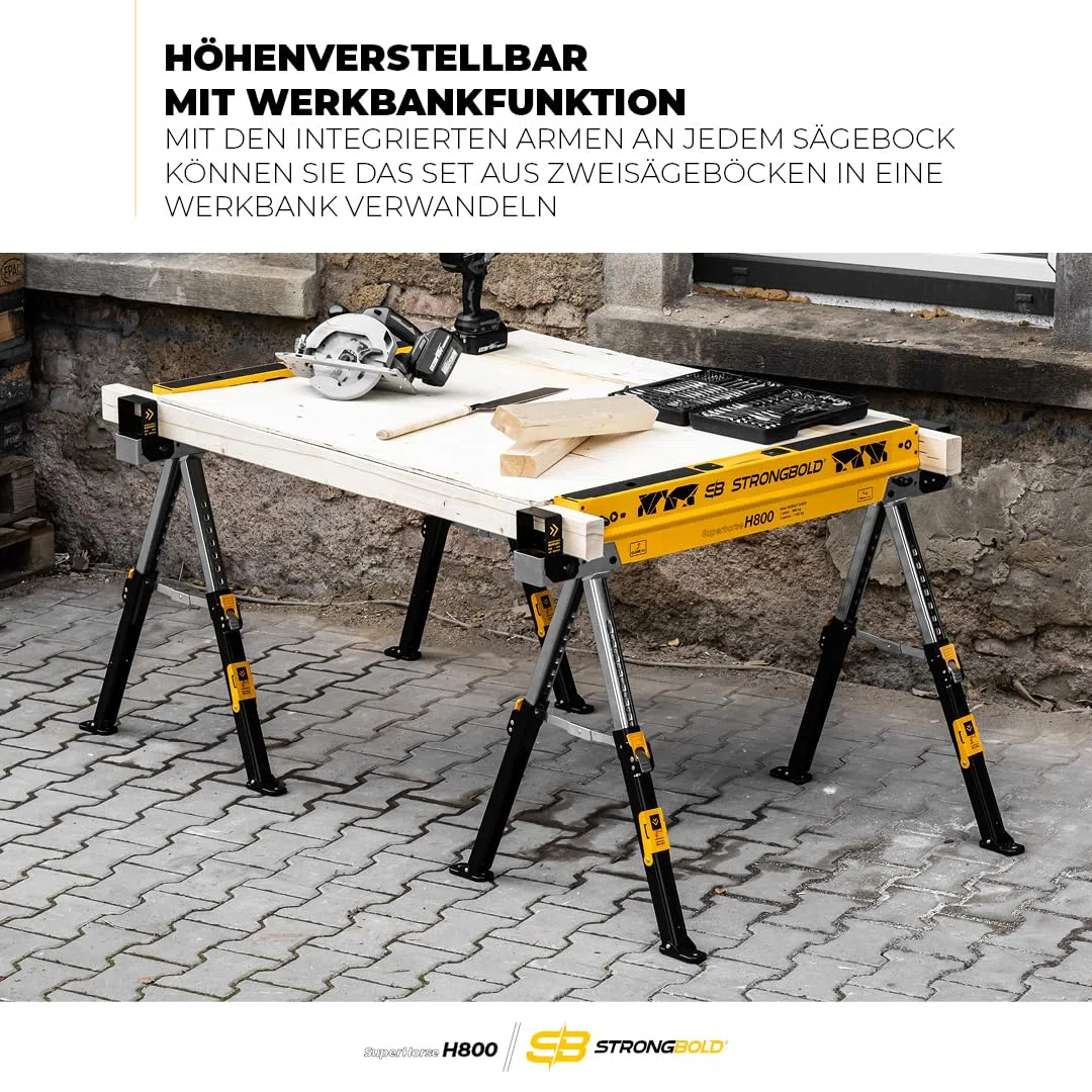 Arbeitsbock 2er-Set Superhorse H800, Klappbare höhenverstellbare Schwerlast Arbeitsböcke mit 1.180 kg Tragkraft im Paar, multifunktional, kompaktes Design mit Werkbankfunktion