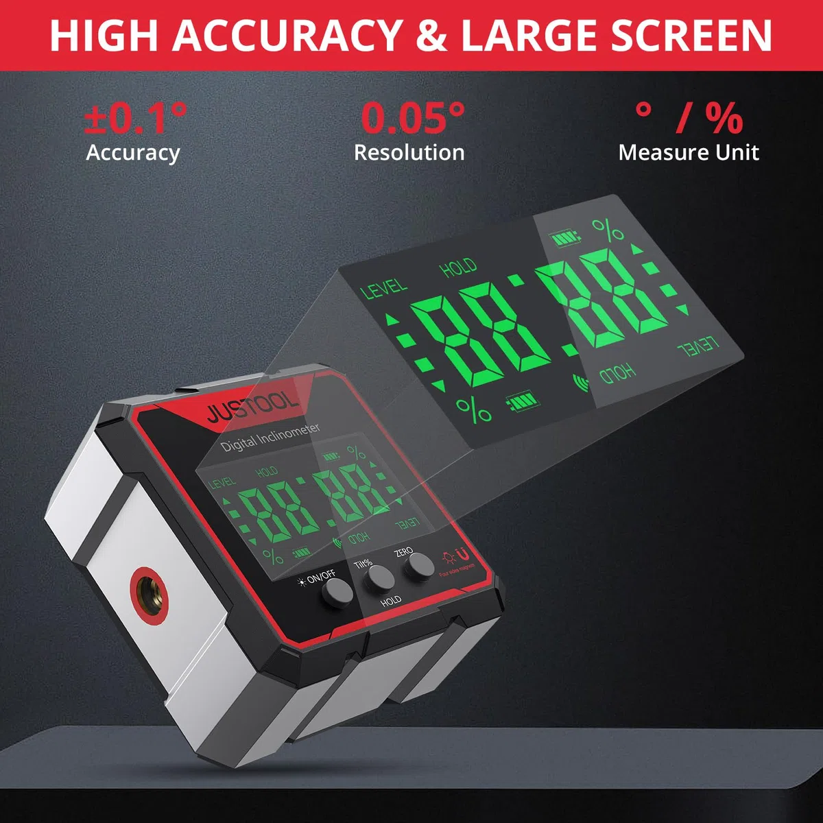 JUSTOOL Digitaler LCD Winkelmesser Neigungsmesser Inklinometer Laser Winkelmessgerät Wasserwaage IP54 Wasserdicht Level Box 4-Seitiges Magnetisch Nivellierbox Bevel Box mit Type-C Ladekabel
