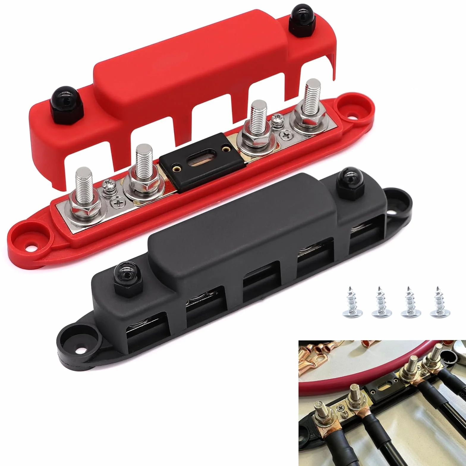12V-48V DC Sammelschienen Verteilerblock 300A BusBar Box mit 4 x M8 Klemmenbolzen Hochleistungsmodul,Stromverteilungsblock Erdungsstrom für Auto RV LKW Boat Yacht (Rot Schwarz, 2PCS)