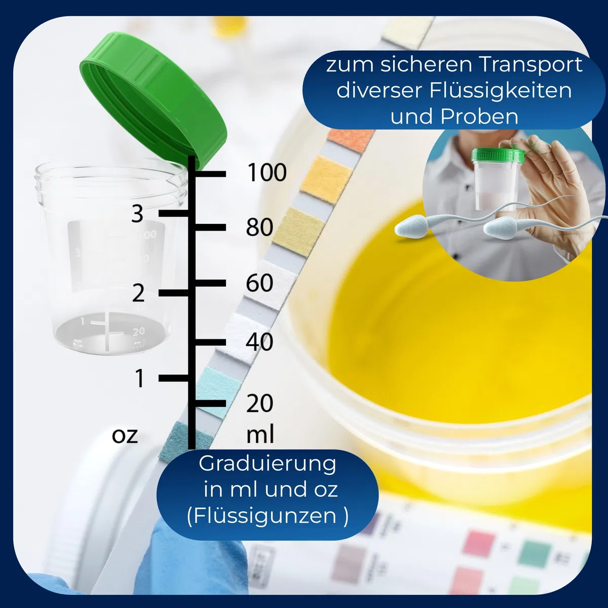 Urinbecher/Probenbecher mit Schraubverschluss 125ml Fassungsvermögen, Maßtabelle bis 100ml/3oz, beschriftbar (100Stk)