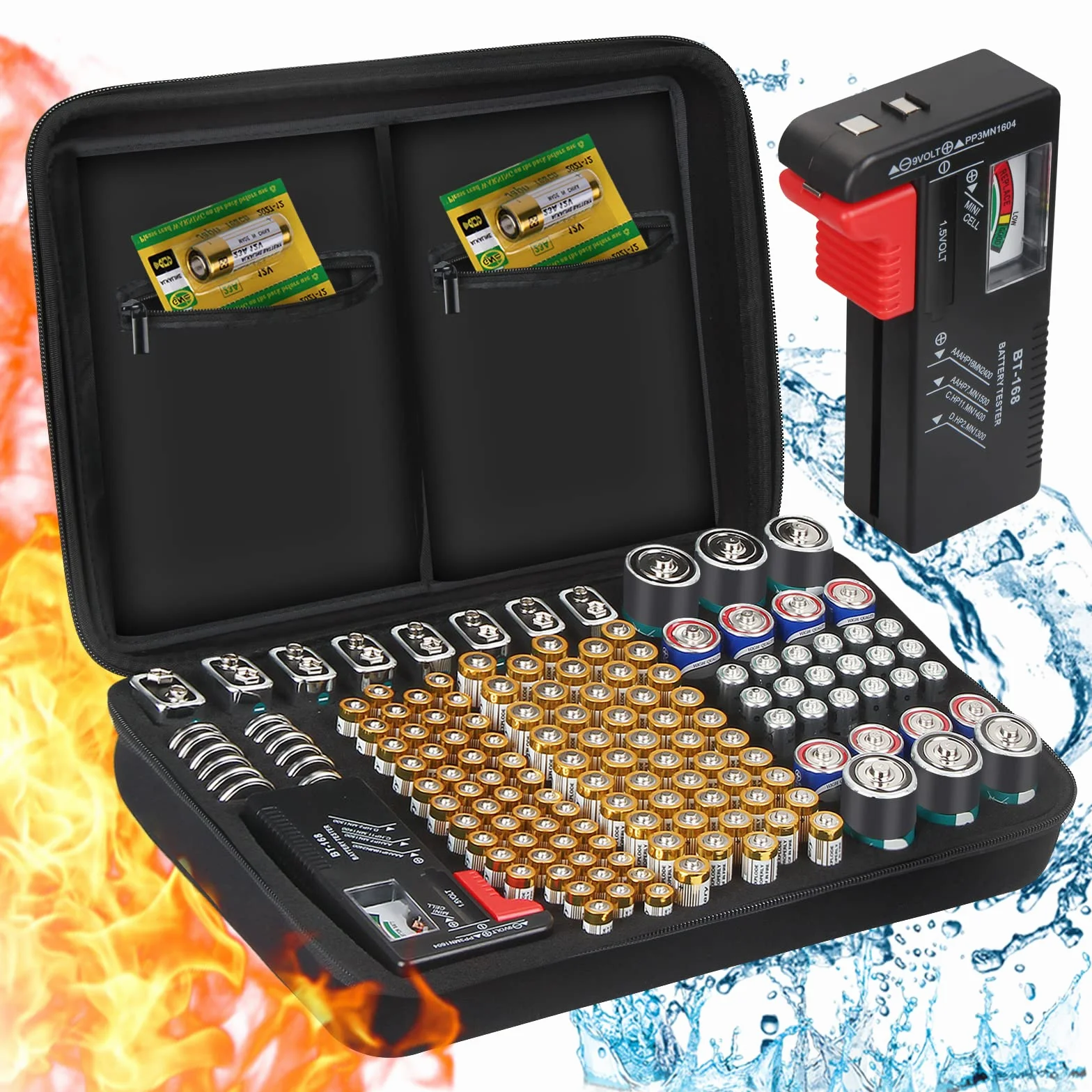 Batterie Aufbewahrungsbox Feuerfeste Tragetasche Batteriebox mit Tester Hält 148+ Batterien unterschiedlicher Größe für AAA,AA, 9V,C und D Größe (Batterie Nicht im Lieferumfang Enthalten)