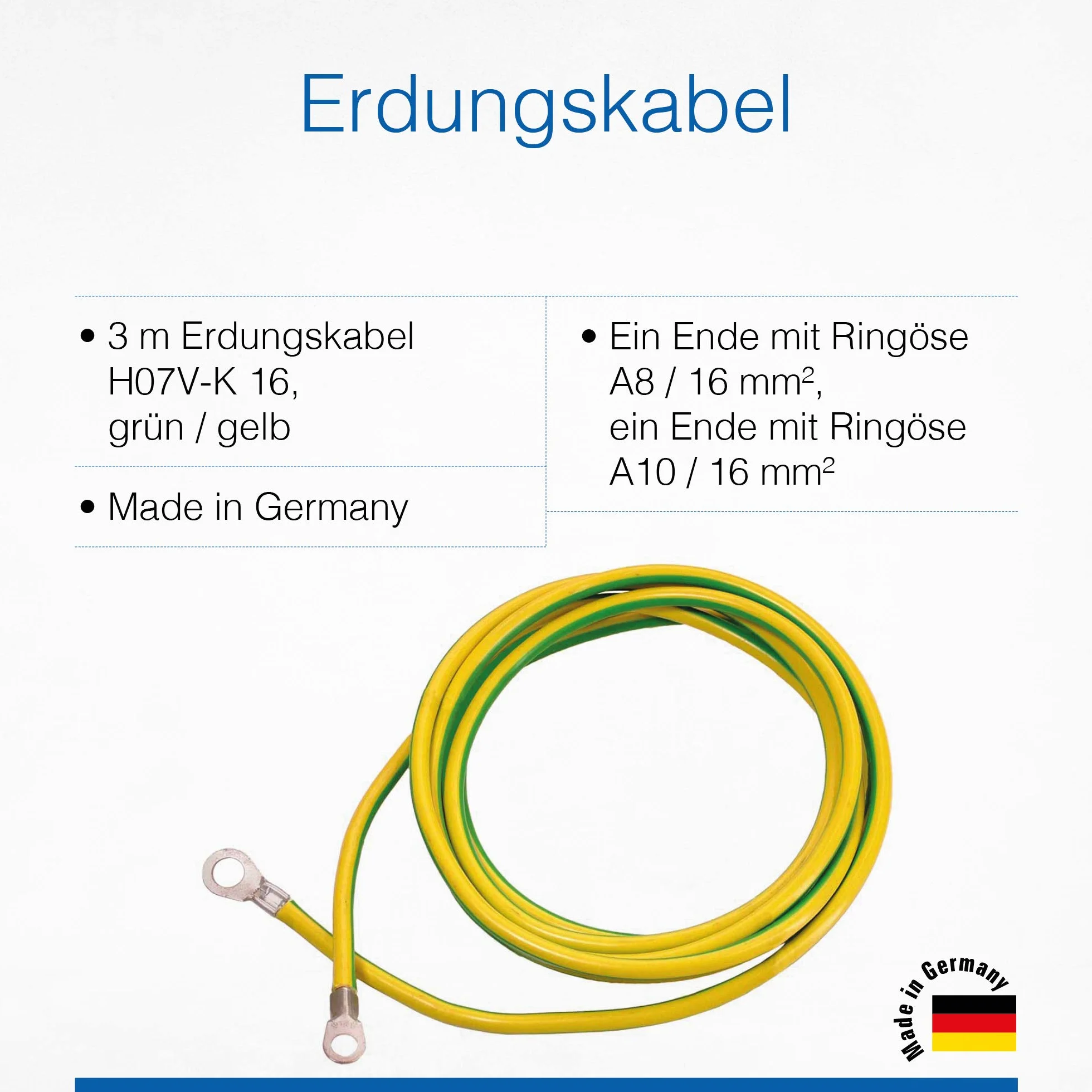 as - Schwabe Erdungskabel – 3 m Aderleitung - Erdungsleiter - Erdungsleitung mit 1 Ringöse A8 / 16mm² & A10 / 16mm² - Für Kreuzerder – für Gewerbe & Baustelle – Made in Germany – gelb/grün, 70869