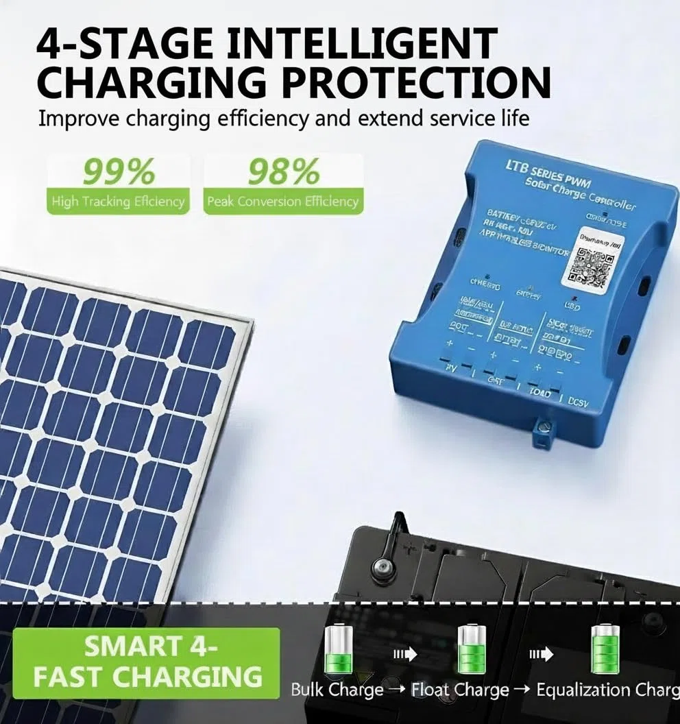 20 A Bluetooth-Solar-Ladegerät, Controller, 12 V/24 V, intelligenter Regler, Solarmodul-Batterie, Ladestatistik, PWM mit USB-Anschluss, 12 V / 24 V Blei-Säure-/Lithium-Batterie