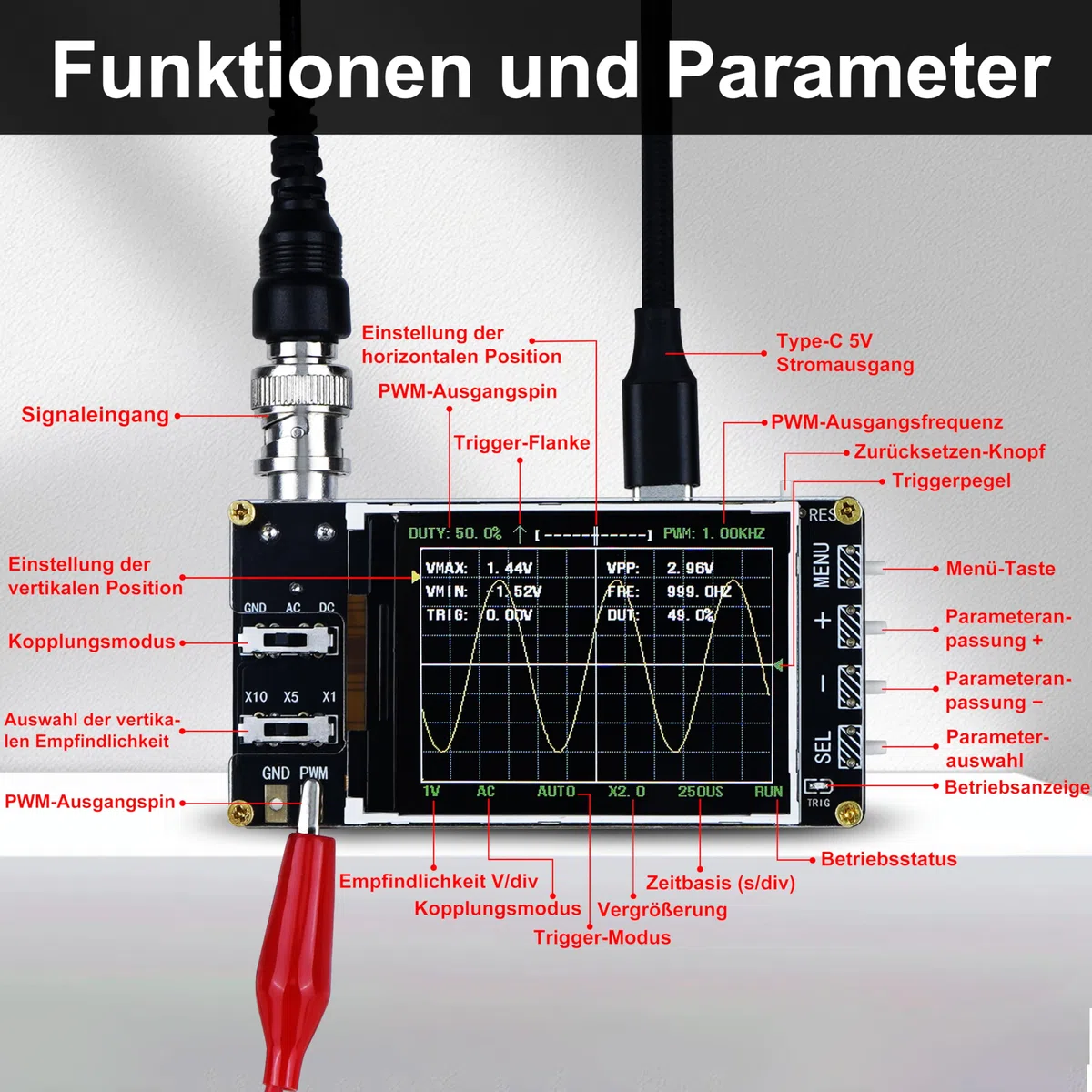 Treedix Handheld Digitales Mini-Oszilloskop-Kit mit 2,4'' LCD-Bildschirm, 3 Trigger-Modi, 24MSa/s hoher Abtastrate, 200 kHz Bandbreite, X10/X5/X1 Empfindlichkeit, GND/AC/DC Kopplungsmethode