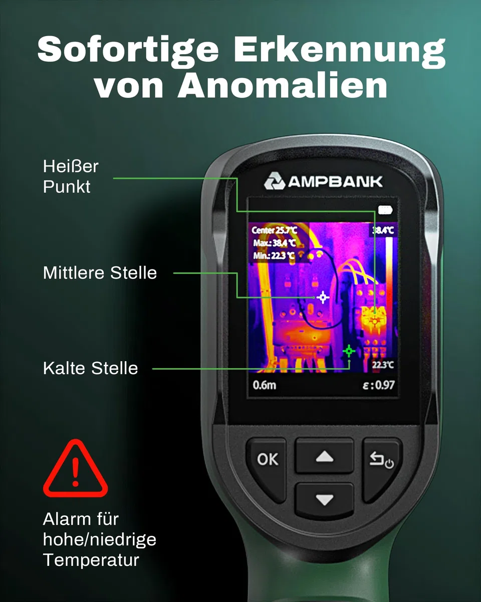 AMPBANK Wärmebildkamera 240x240 TISR-Auflösung, 24-Stunden Akkulaufzeit Handheld Thermal Imaging Camera mit 25Hz Bildwiederholrate, -20℃ bis 450℃, Temperaturalarm, H128 Kompakte Thermal Camera