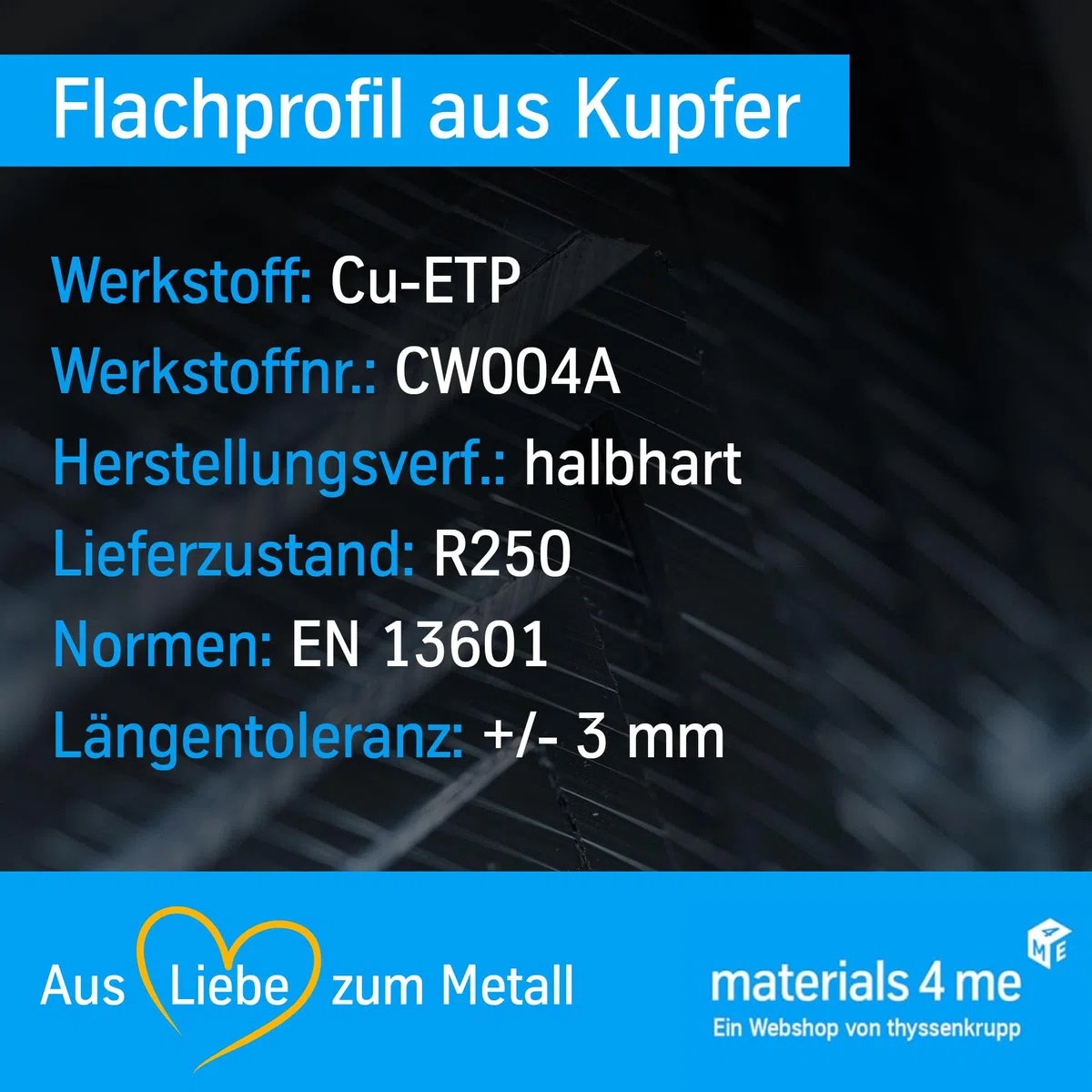 thyssenkrupp Kupfer Flachprofil – Kupferstange Flachstange Flachmaterial – CW004A Cu-ETP R250 halbhart rundkantig – 20 x 5 mm, 1500 mm Länge