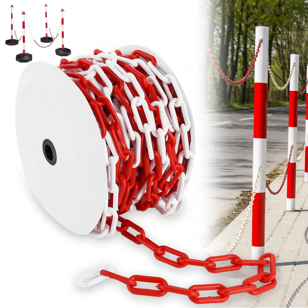 APACALI 25M Absperrkette Rot Weiß Kunststoff, 8mm Warnkette Plastikkett, Kunststoffkette zum Absperren, Kunststoff Absperrkette von Flächen, Gut Sichtbar, Stabil und Handlich