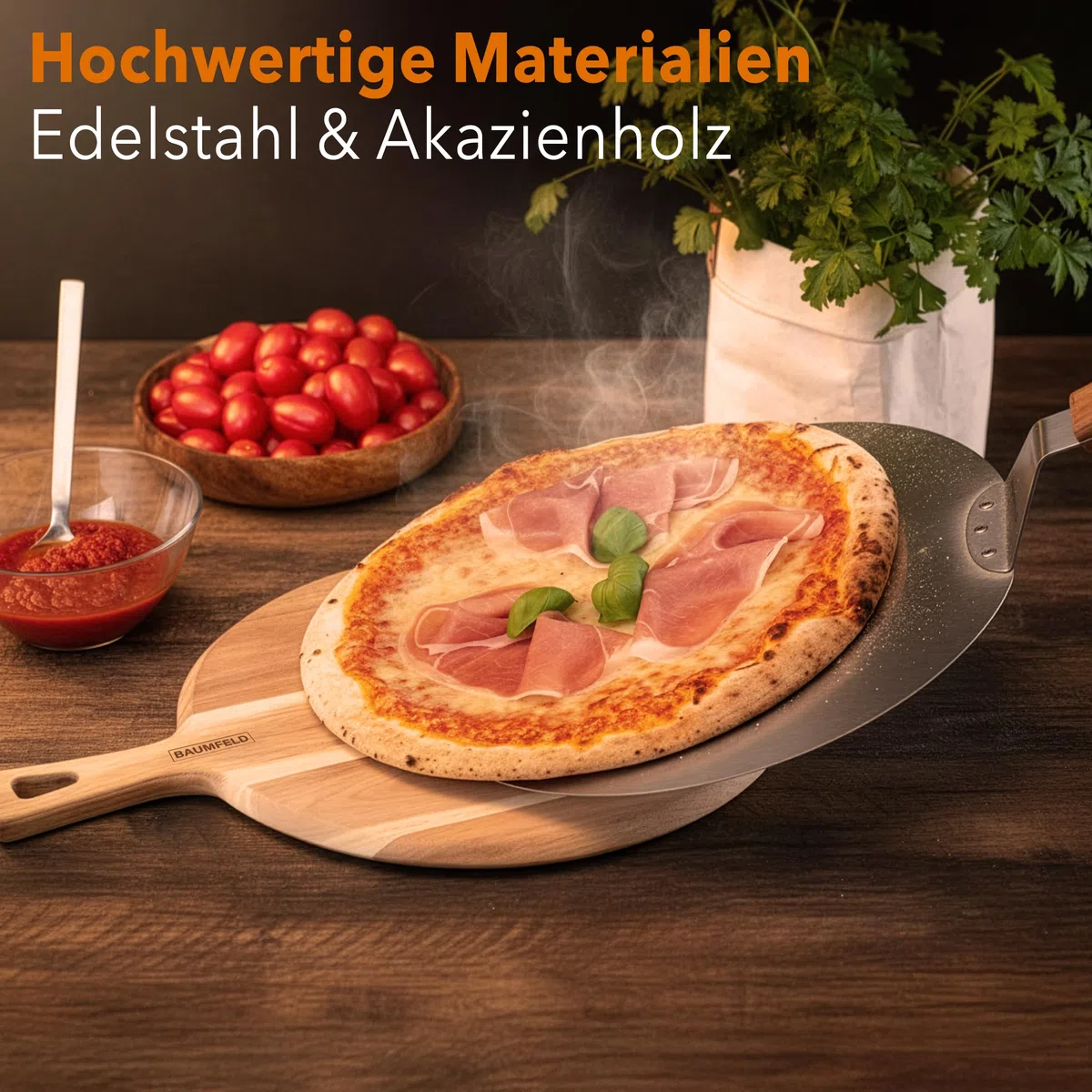 Pizzaschieber Pizzaschaufel, rund, 30 cm Durchmesser, hochwertig aus robustem Edelstahl, stabiler Griff aus natürlichem Akazienholz, Brotschieber, Pizza Zubehör