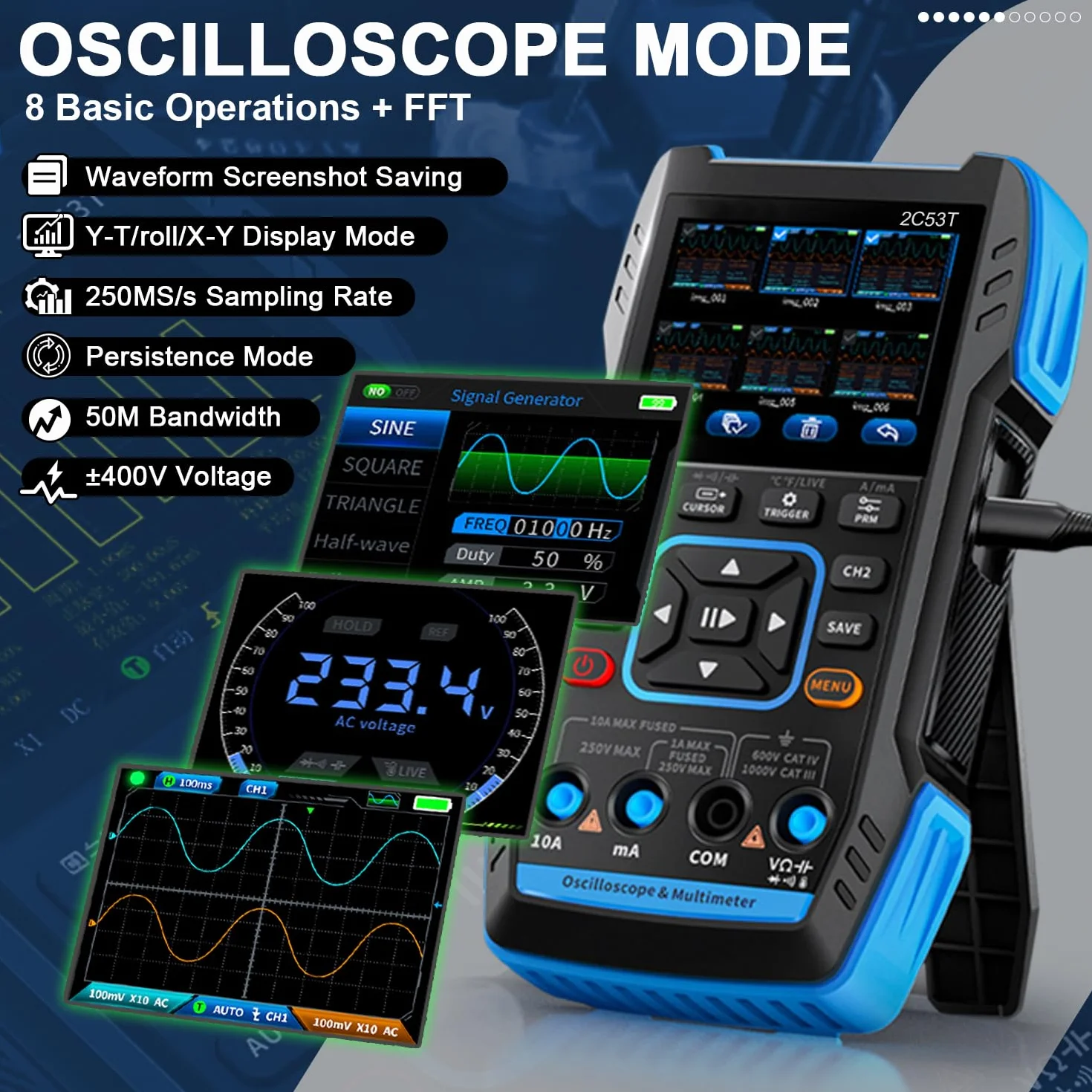 Handheld Oszilloskop 3in1 Upgrade Digital Oszilloskop, Multimeter, DDS Generator mit Doppelkanal, 250MS/s Abtastrate, 50MHz Bandbreite, 19999 Zählungen, Spannung, Strom, Kondensator, Widerstand, Diode