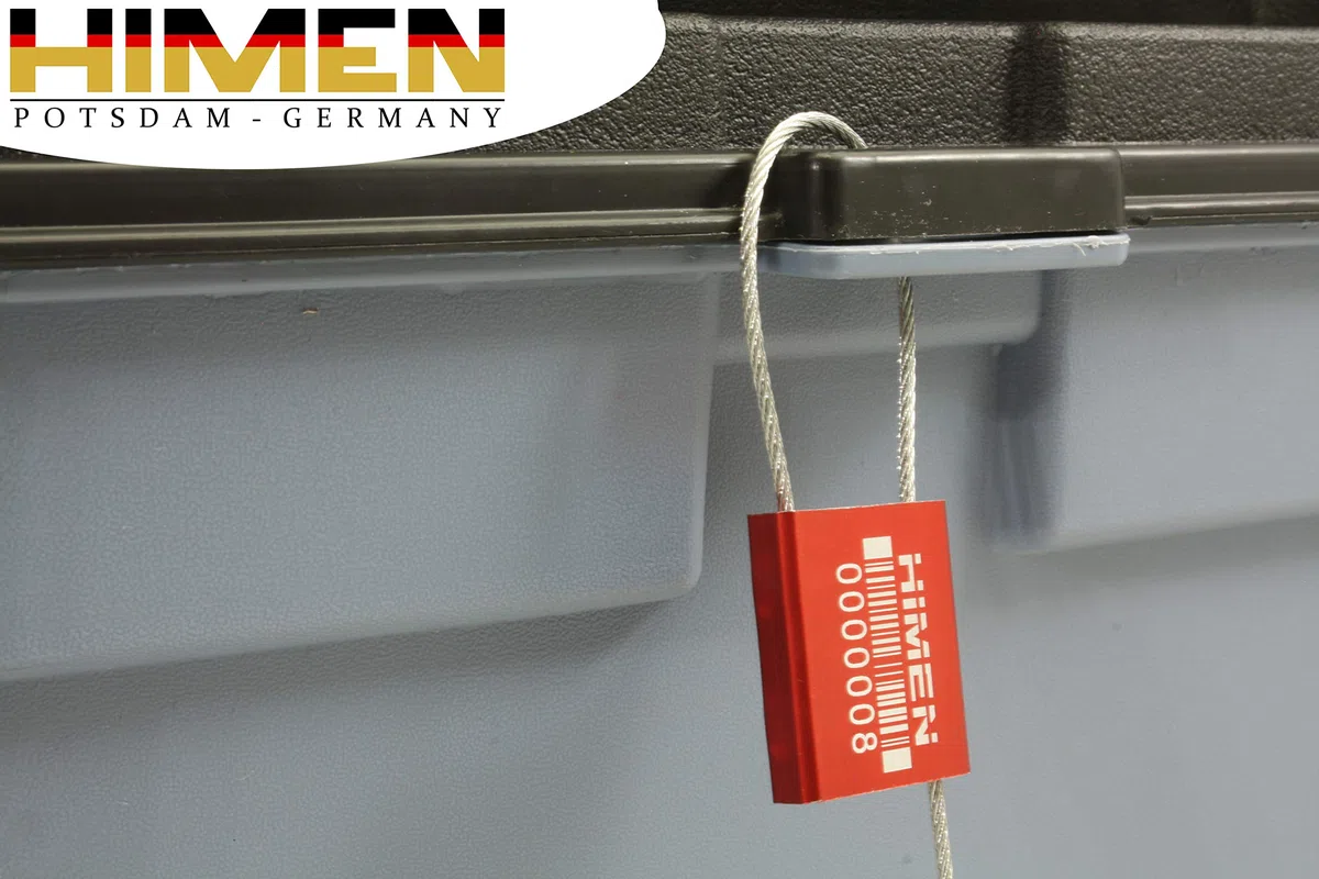 HIMEN 50 Plomben mit Drahtseil – Sicherheitsplomben fortlaufend nummeriert mit Barcode, Länge 280 mm, Modell ACS-1.5F, rot