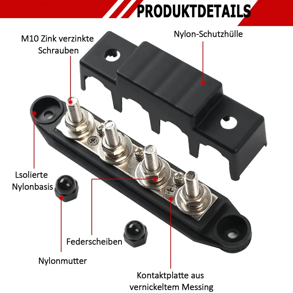 12V-48V DC Sammelschienen Verteilerblock 250A BusBar Box mit 4 x M10 Klemmenbolzen Hochleistungsmodul, Stromverteilungsblock Erdungsstrom für Auto RV Boat Yacht (Rot Schwarz, 2PCS)