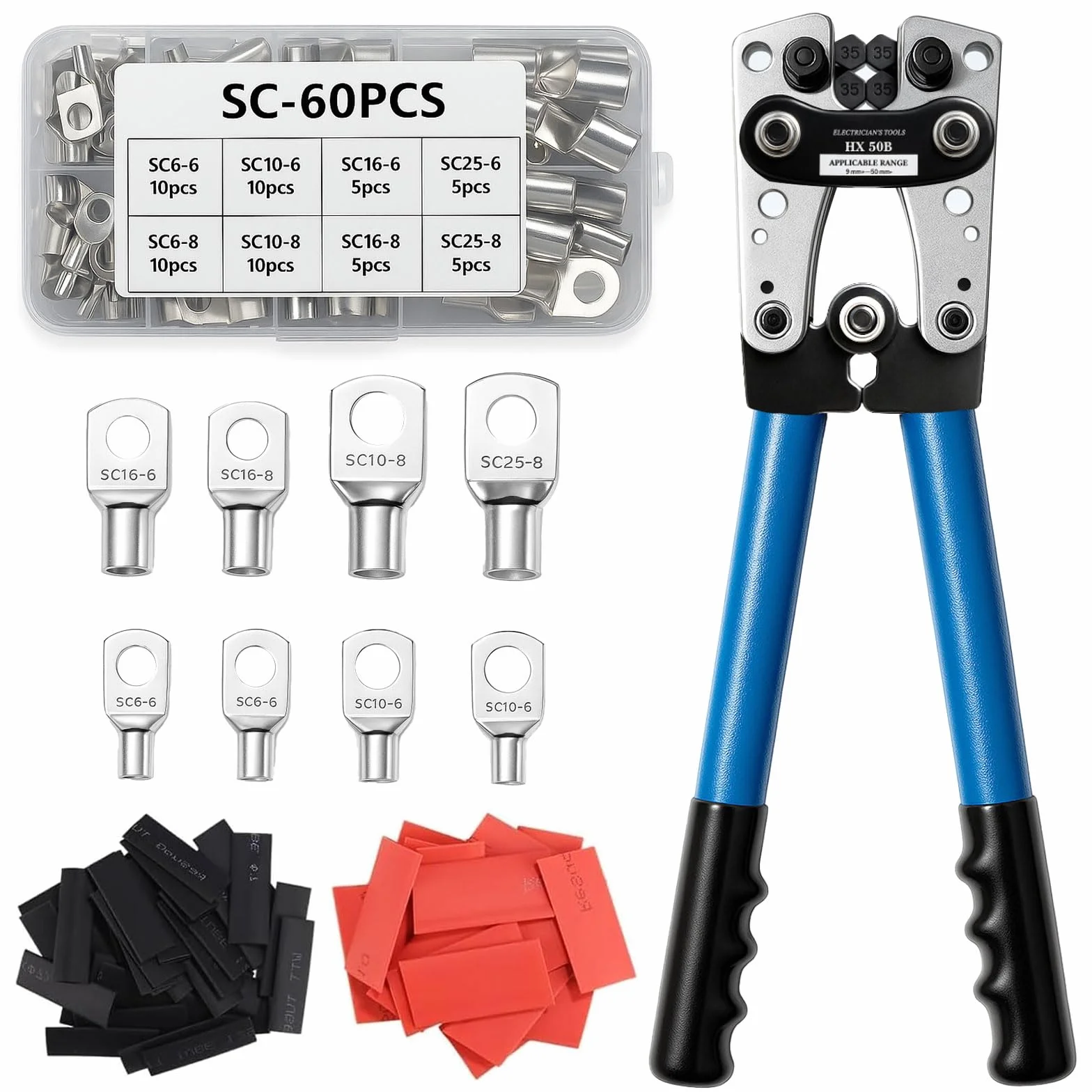 Batteriekabelschuh Crimpzange Set für 10-1/0 AWG (6-50mm²) - Inkl. 60 Kupferringklemmen + 60 Kabelschuhe, 8 Größen - Profi-Crimpwerkzeug für Autobatterie & Elektroinstallation