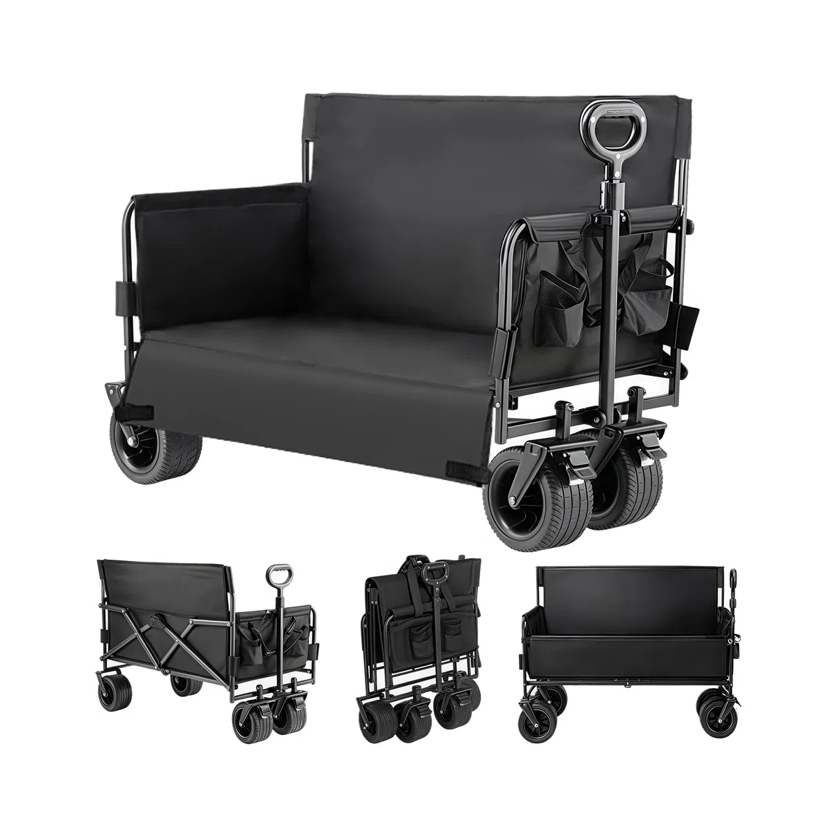 Bollerwagen Strand Handwagen, Faltbar Gartenwagen, es kann auch zum Einkaufen die Sich an alle Gelände anpassen können, Camping, Angeln usw, Ausgestattet mit Tankrädern (LY008-BLACK-J)