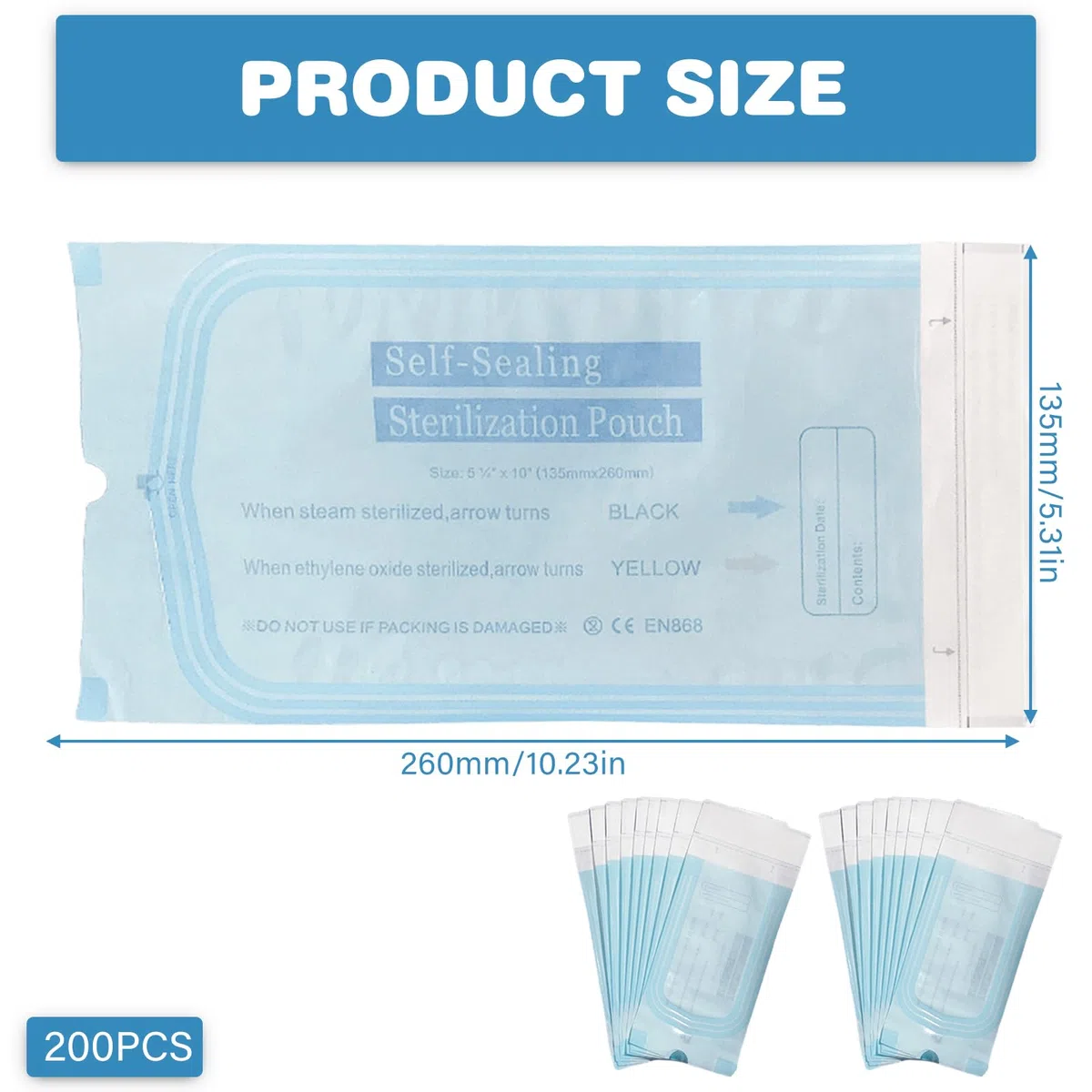 200 Stück Sterilisation Tasche, Autoklaven Verschluß Sterilisationsbeutel, Sterilisationsbeutel Einweg Selbstklebende für Zahnwerkzeuge, Tattoos oder Maniküre (135 x 260 mm)