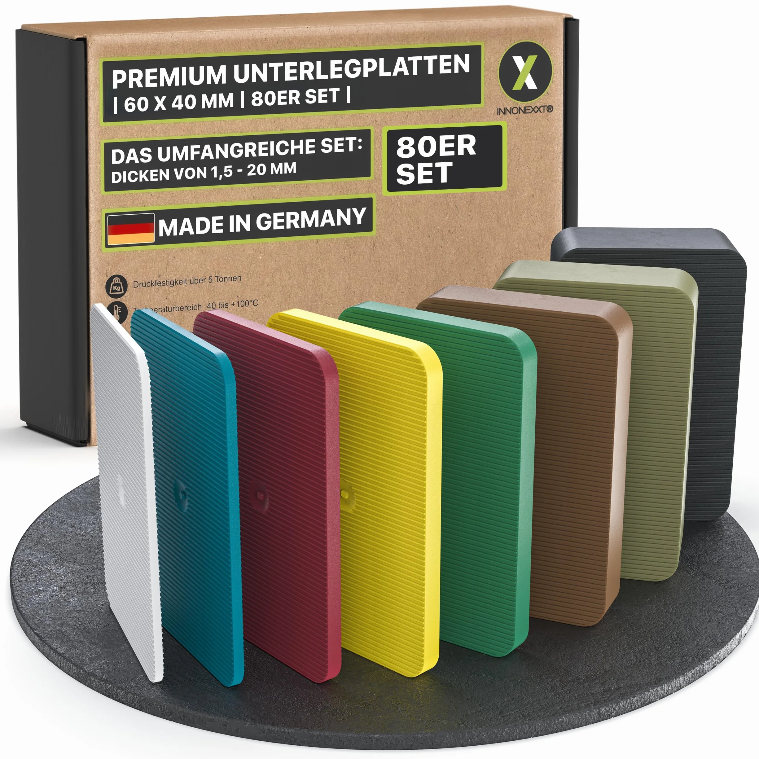 Premium Unterlegplatten | 60 x 40 mm, 80 Stk Mix | Abstandshalter, Plättchen aus Kunststoff, Unterlegklotz, Distanzhalter | Tragfähigkeit bis 16 t | Set je 10x 1.5,2,3,4,5,10,15,20 mm